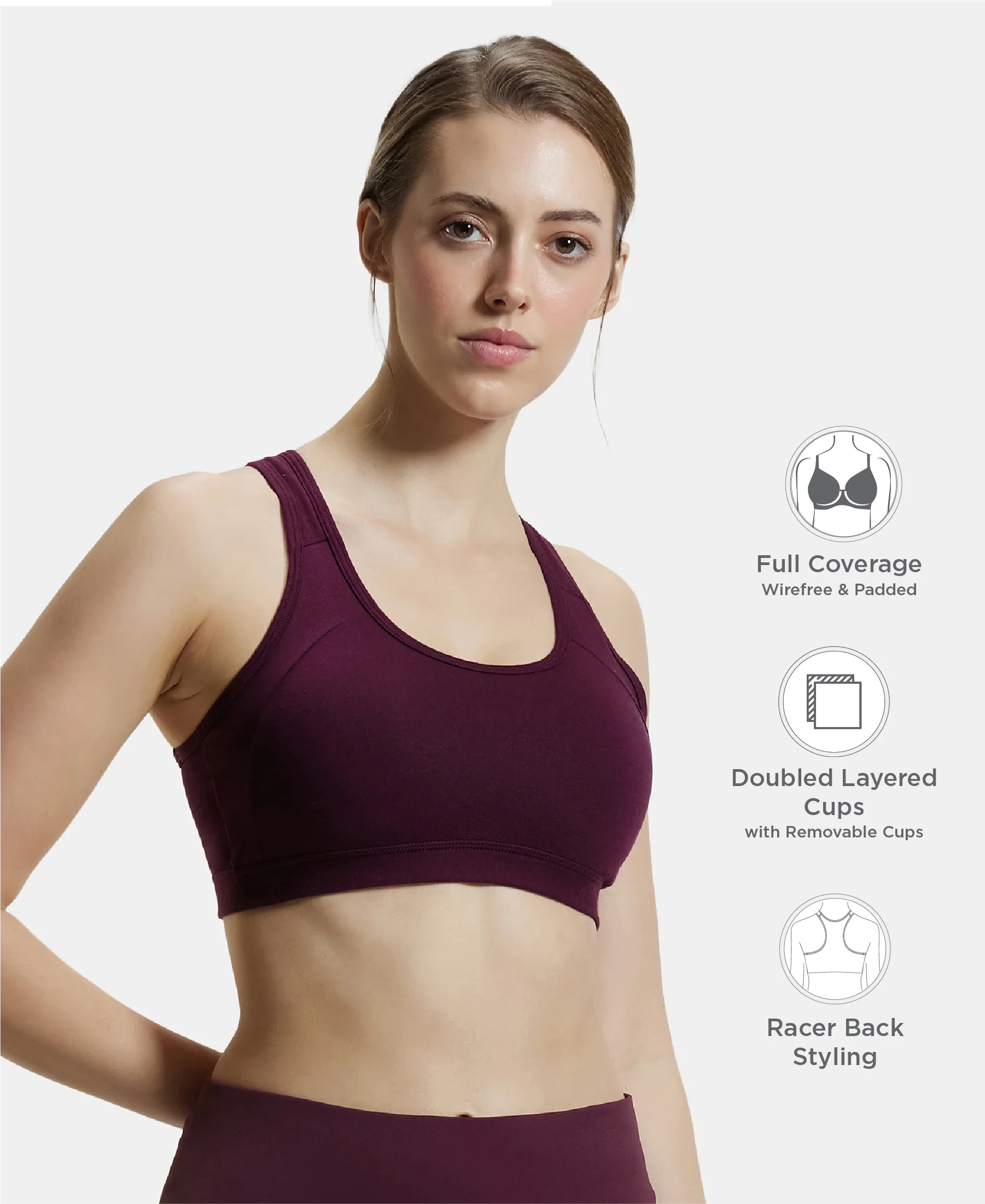 Wirefree Padded Super Combed Cotton Elastane Stretch Full Coverage Racerback Styling Active Bra with StayFresh and Moisture Move Treatment - Wine Tasting - Image 2