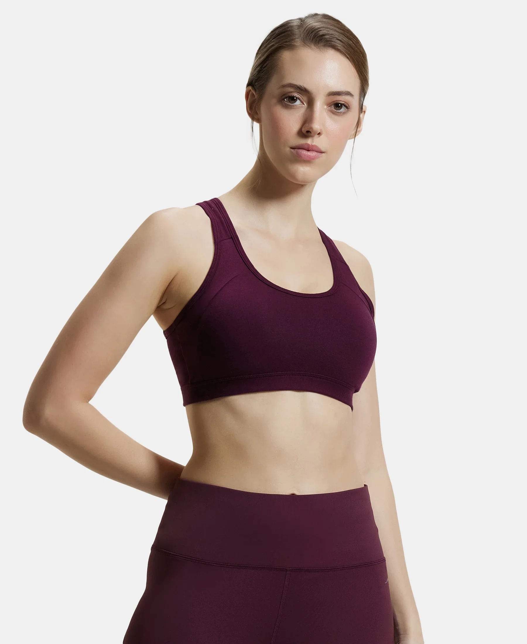 Wirefree Padded Super Combed Cotton Elastane Stretch Full Coverage Racerback Styling Active Bra with StayFresh and Moisture Move Treatment - Wine Tasting - Image 5