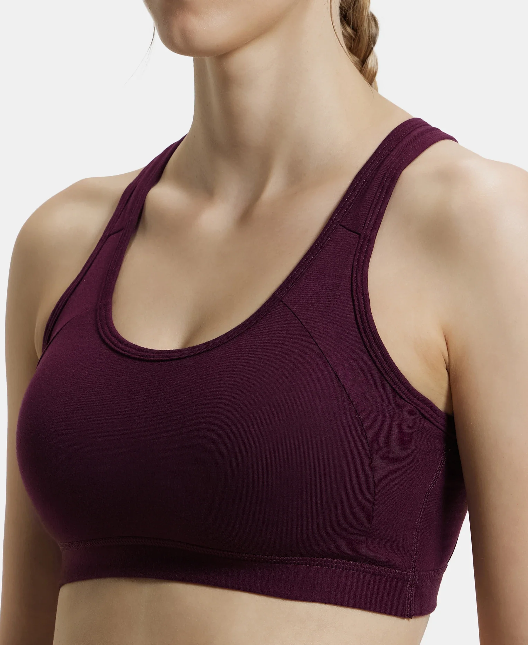 Wirefree Padded Super Combed Cotton Elastane Stretch Full Coverage Racerback Styling Active Bra with StayFresh and Moisture Move Treatment - Wine Tasting - Image 7