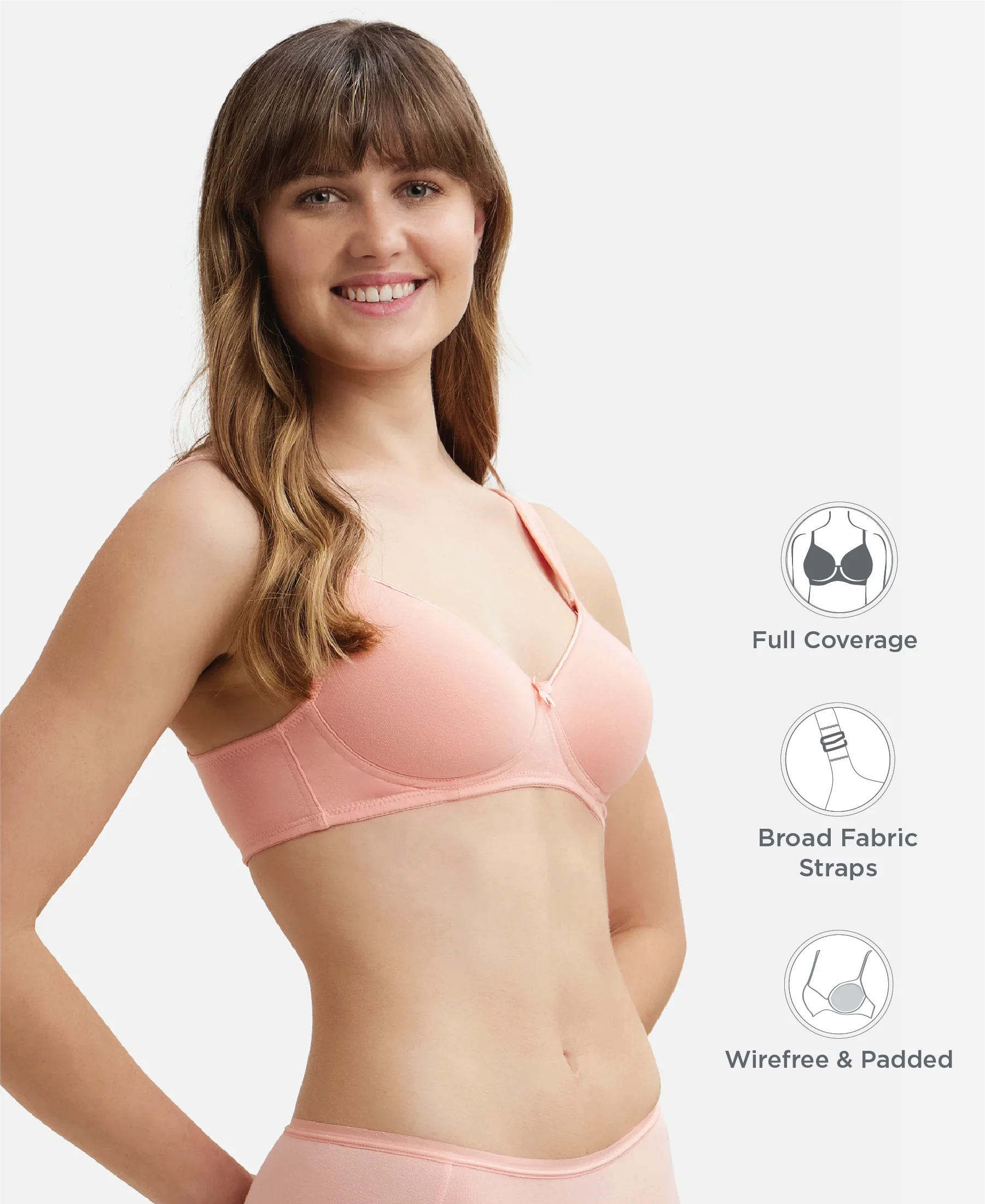 Wirefree Padded Super Combed Cotton Elastane Stretch Full Coverage T-Shirt Bra with Broad Fabric Straps - Candlelight Peach - Image 2