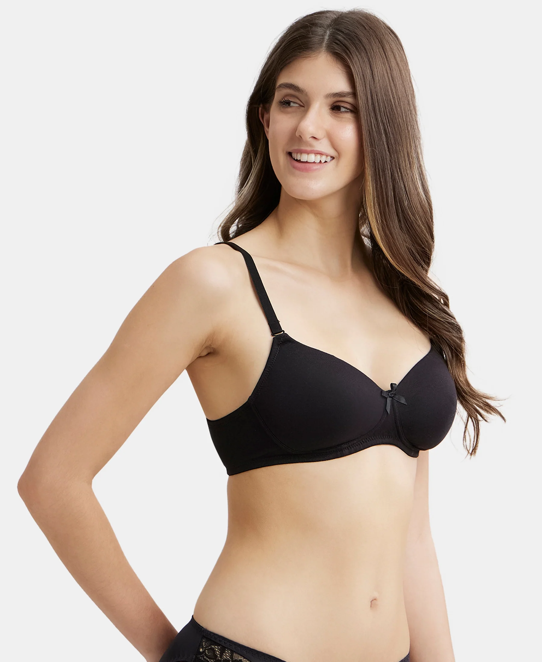 Wirefree Padded Super Combed Cotton Elastane Stretch Medium Coverage T-Shirt Bra with Detachable Straps - Black - Image 5