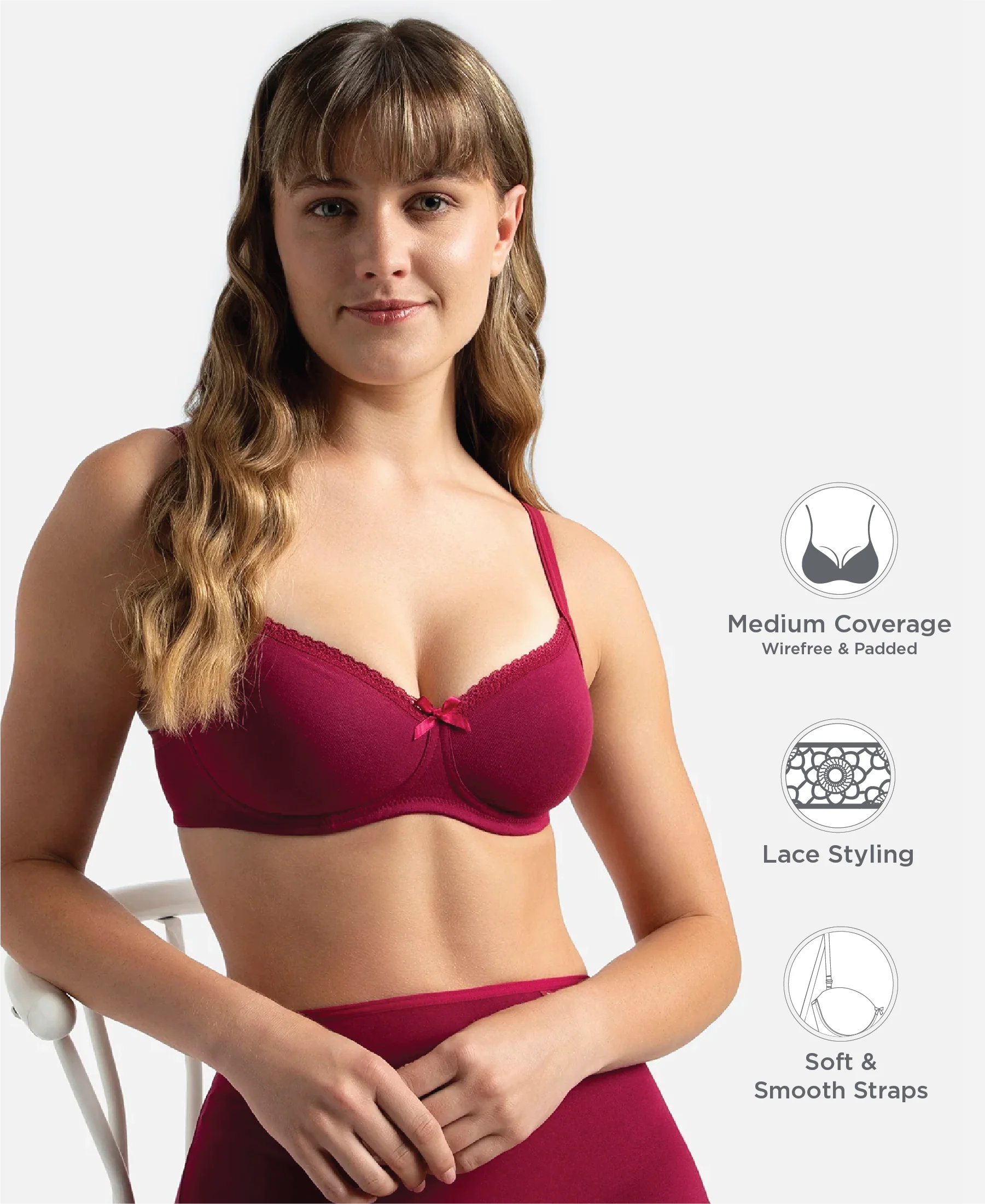 Wirefree Padded Super Combed Cotton Elastane Stretch Medium Coverage T-Shirt Bra with Lace Styling - Beet Red - Image 2