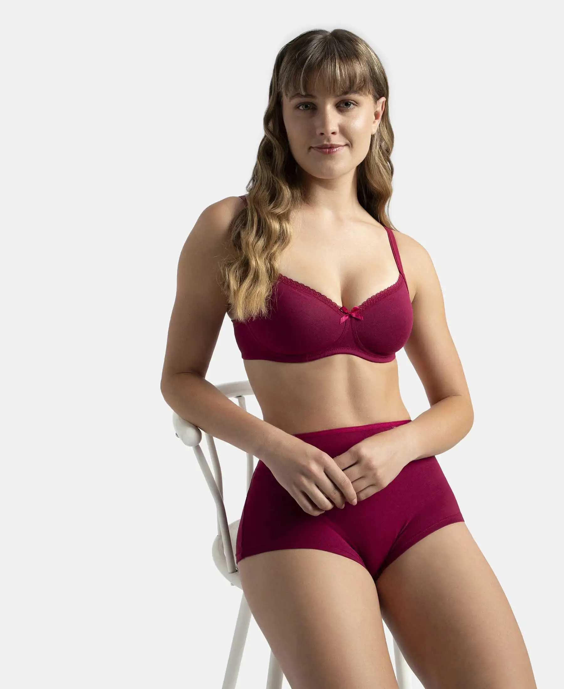 Wirefree Padded Super Combed Cotton Elastane Stretch Medium Coverage T-Shirt Bra with Lace Styling - Beet Red - Image 5