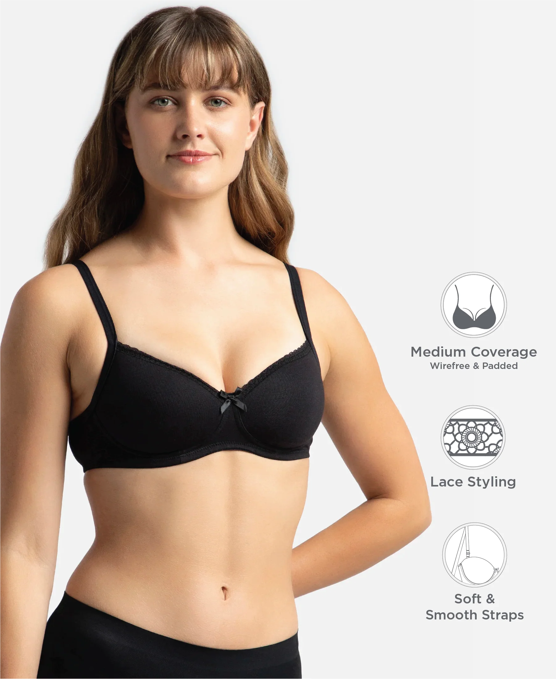 Wirefree Padded Super Combed Cotton Elastane Stretch Medium Coverage T-Shirt Bra with Lace Styling - Black - Image 2