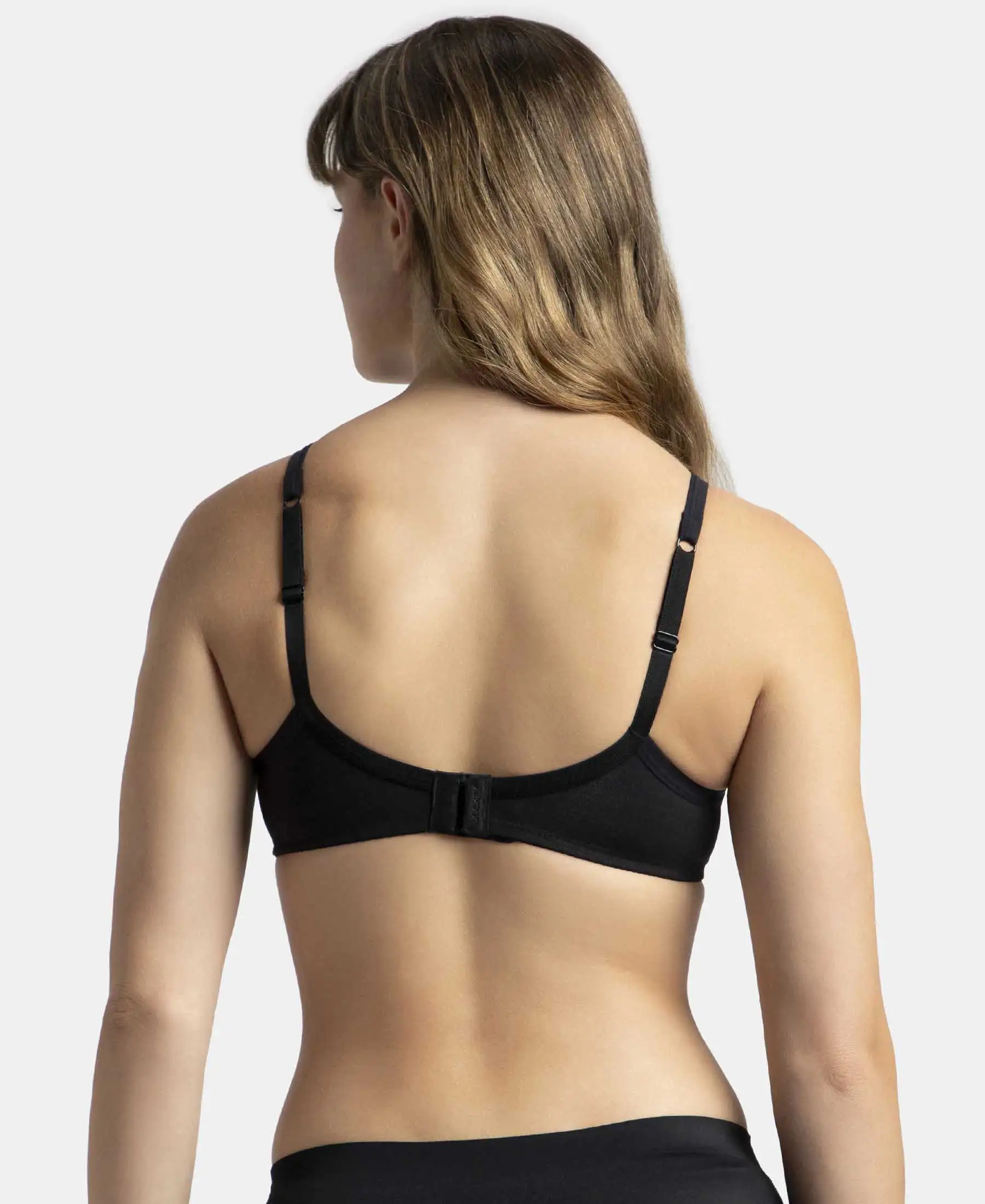 Wirefree Padded Super Combed Cotton Elastane Stretch Medium Coverage T-Shirt Bra with Lace Styling - Black - Image 3