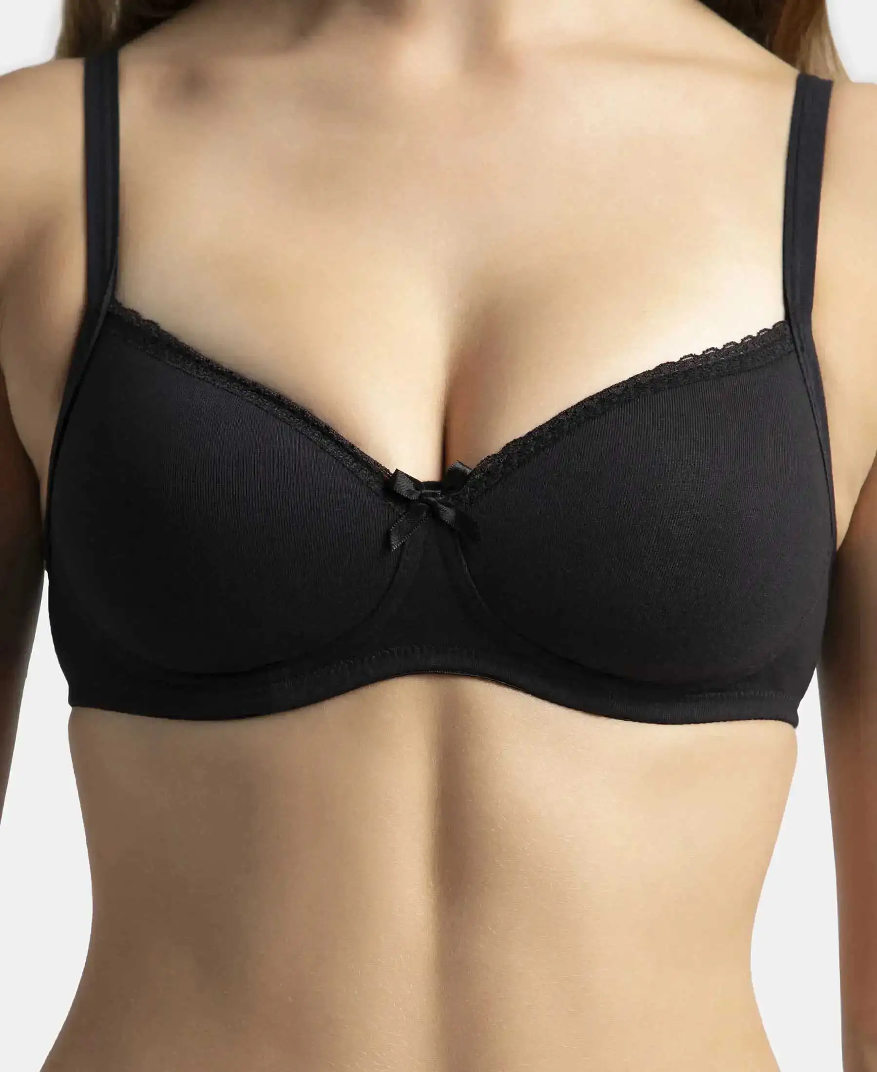 Wirefree Padded Super Combed Cotton Elastane Stretch Medium Coverage T-Shirt Bra with Lace Styling - Black - Image 7