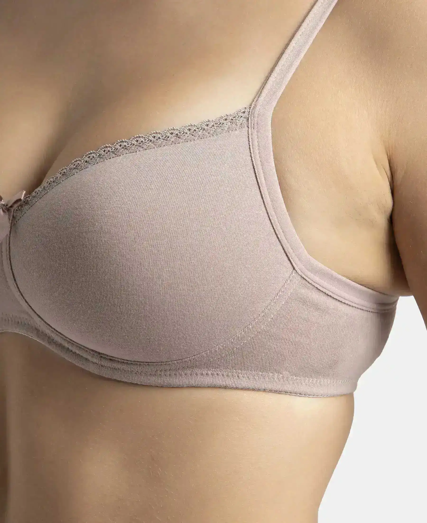 Wirefree Padded Super Combed Cotton Elastane Stretch Medium Coverage T-Shirt Bra with Lace Styling - Mocha - Image 10