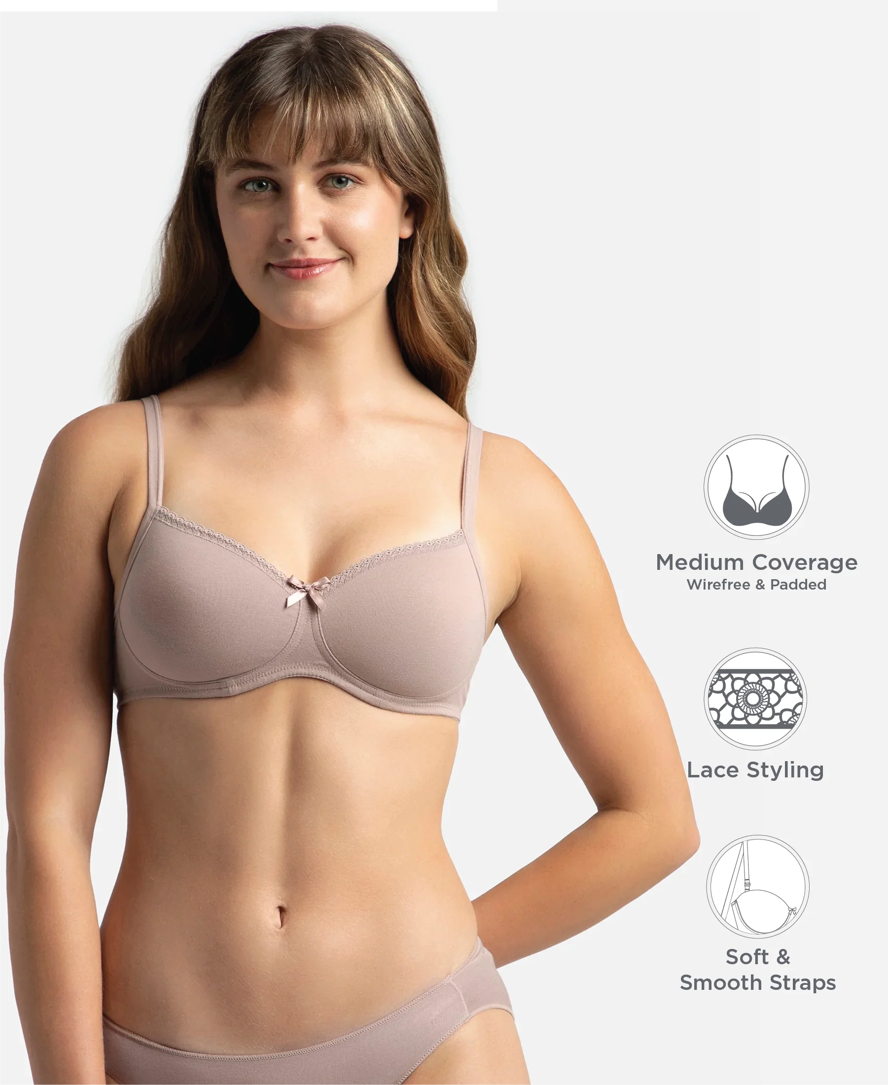 Wirefree Padded Super Combed Cotton Elastane Stretch Medium Coverage T-Shirt Bra with Lace Styling - Mocha - Image 2