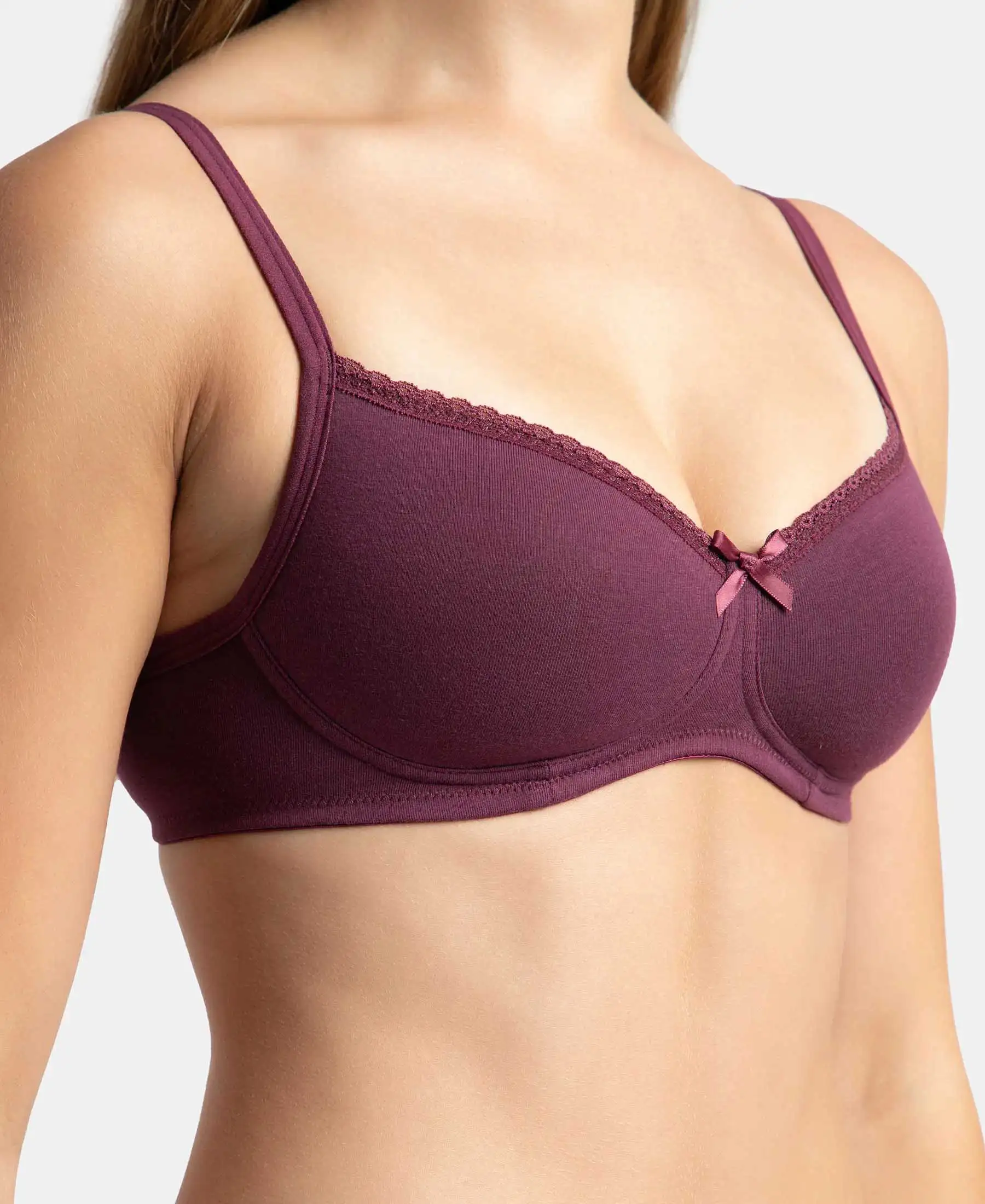 Wirefree Padded Super Combed Cotton Elastane Stretch Medium Coverage T-Shirt Bra with Lace Styling - Prune - Image 10