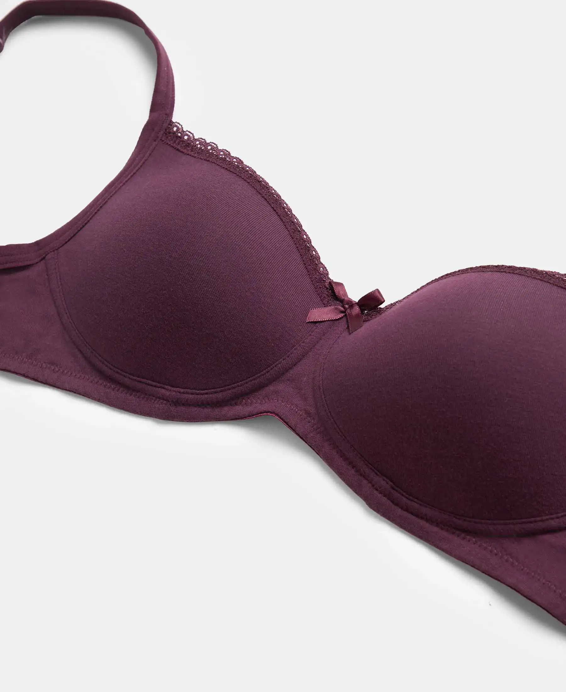 Wirefree Padded Super Combed Cotton Elastane Stretch Medium Coverage T-Shirt Bra with Lace Styling - Prune - Image 11