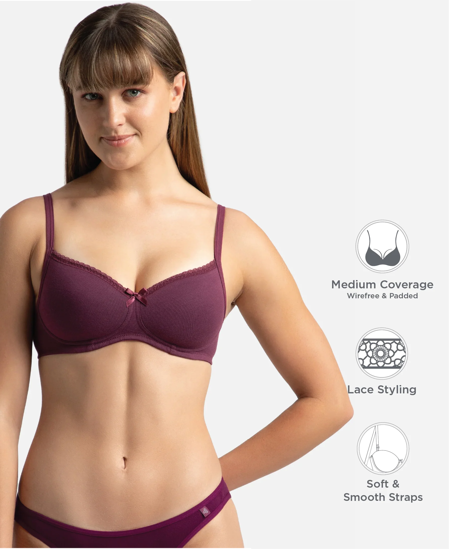 Wirefree Padded Super Combed Cotton Elastane Stretch Medium Coverage T-Shirt Bra with Lace Styling - Prune - Image 2