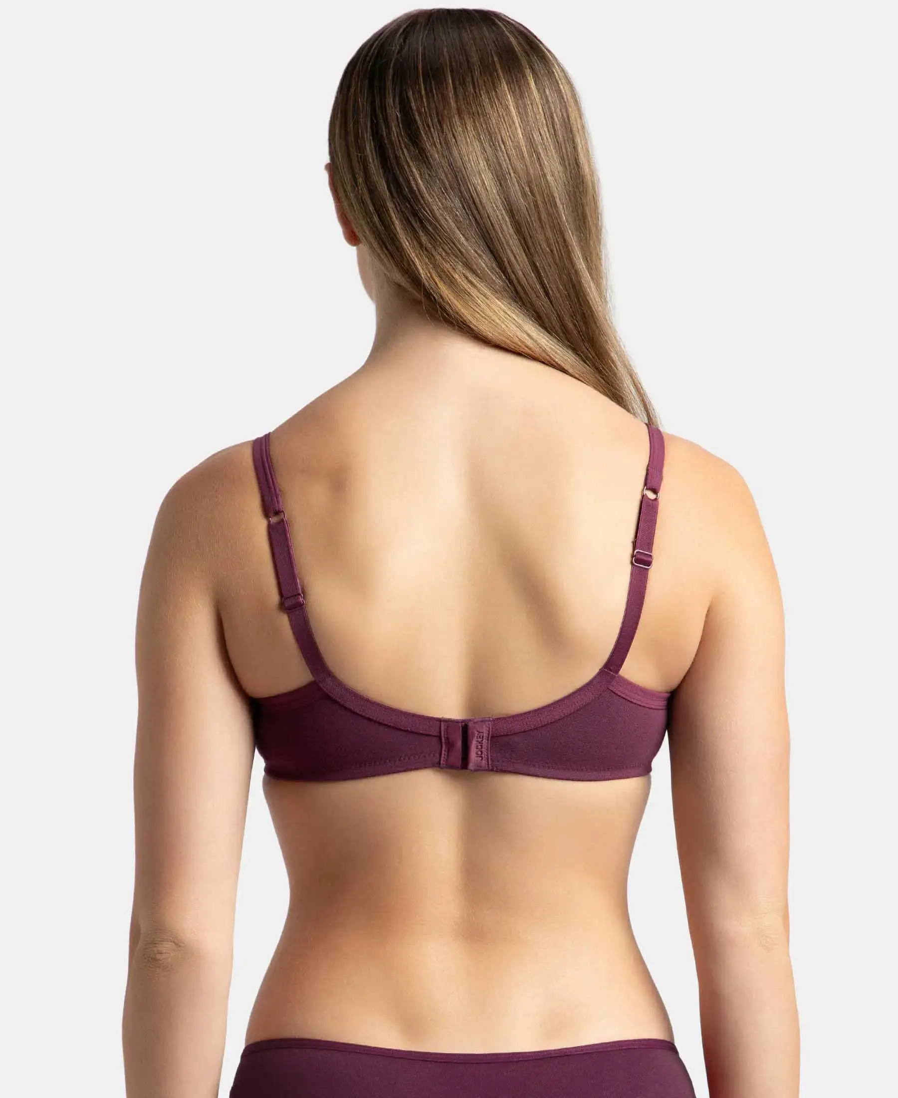 Wirefree Padded Super Combed Cotton Elastane Stretch Medium Coverage T-Shirt Bra with Lace Styling - Prune - Image 3
