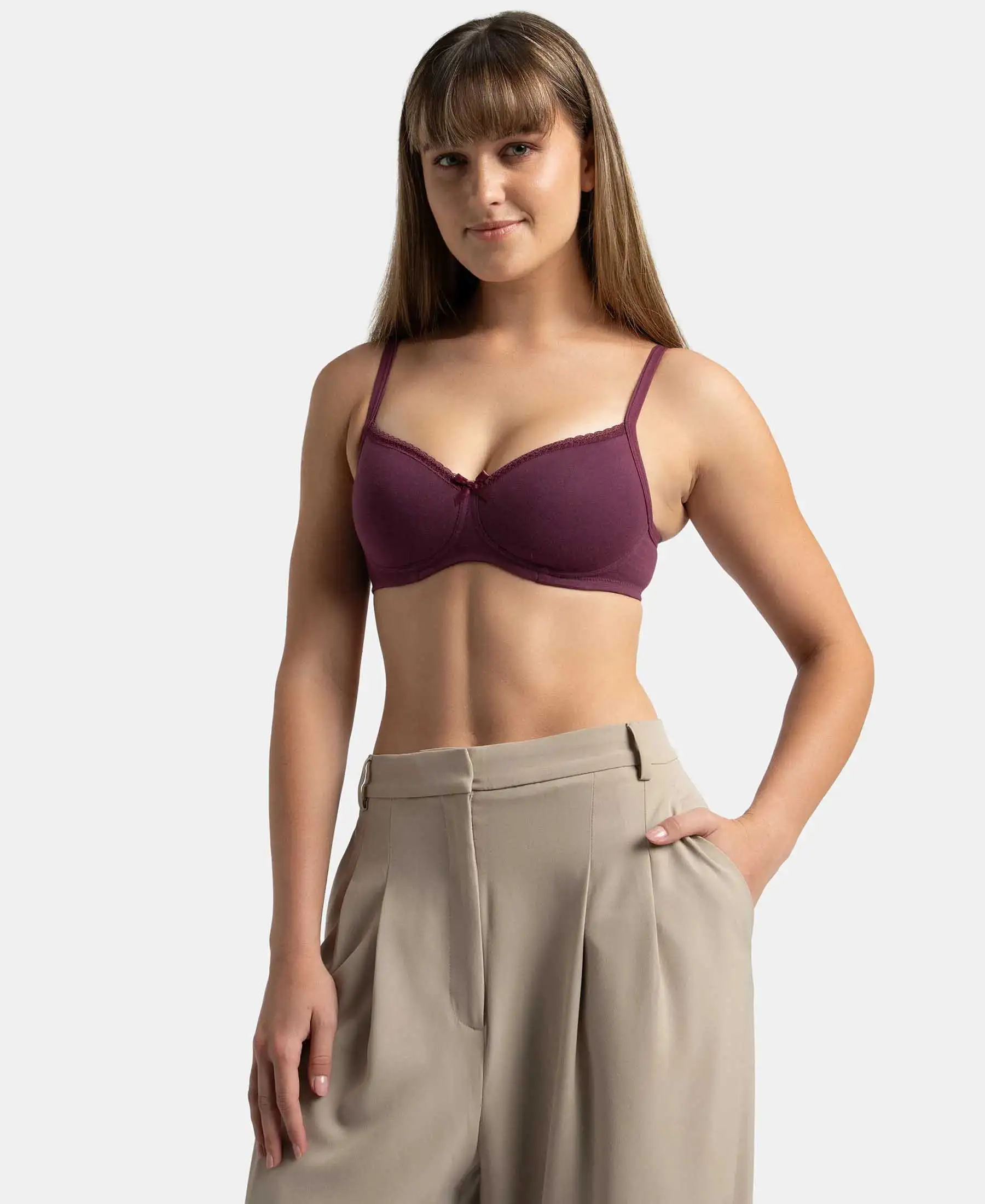 Wirefree Padded Super Combed Cotton Elastane Stretch Medium Coverage T-Shirt Bra with Lace Styling - Prune - Image 5