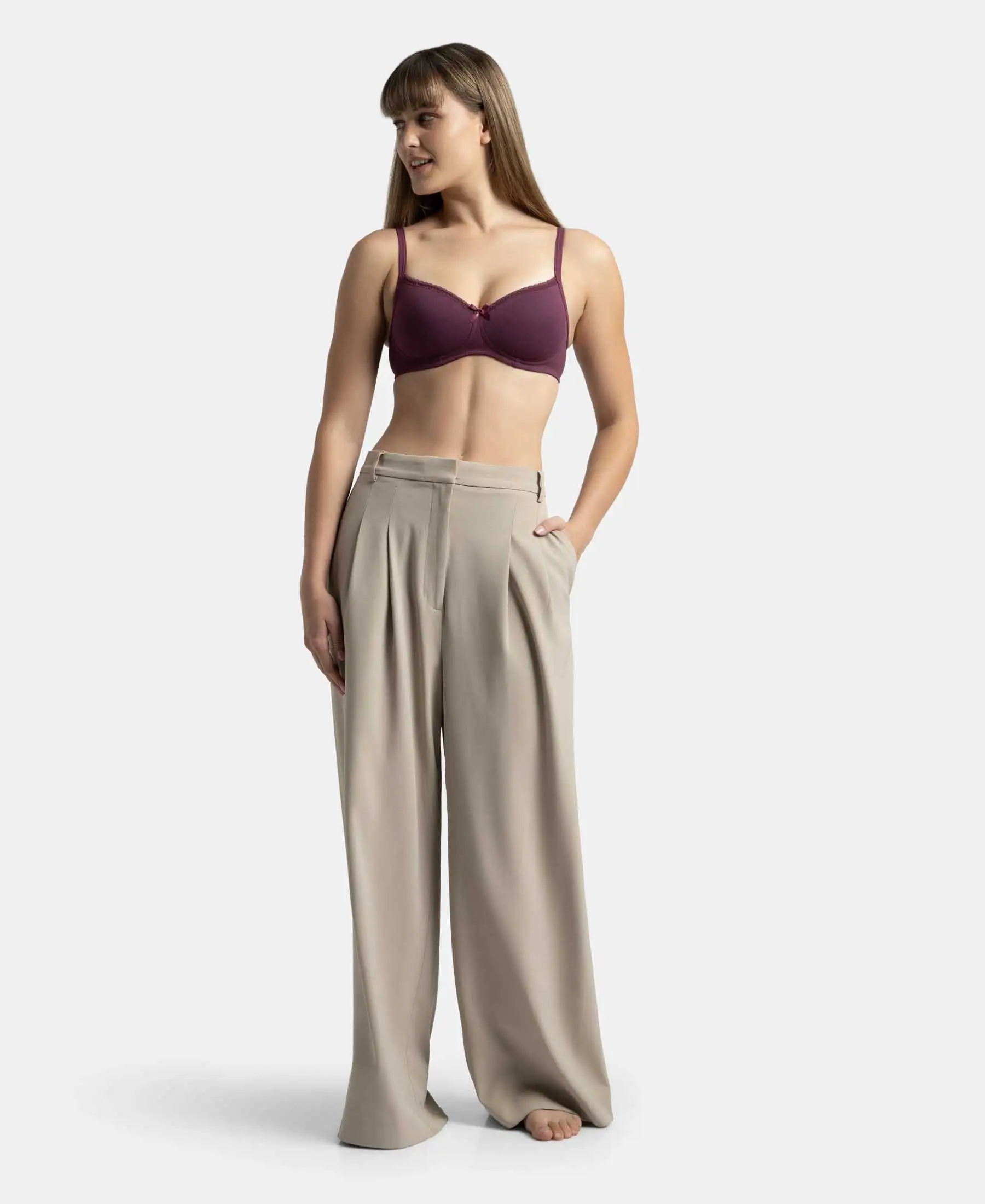 Wirefree Padded Super Combed Cotton Elastane Stretch Medium Coverage T-Shirt Bra with Lace Styling - Prune - Image 7