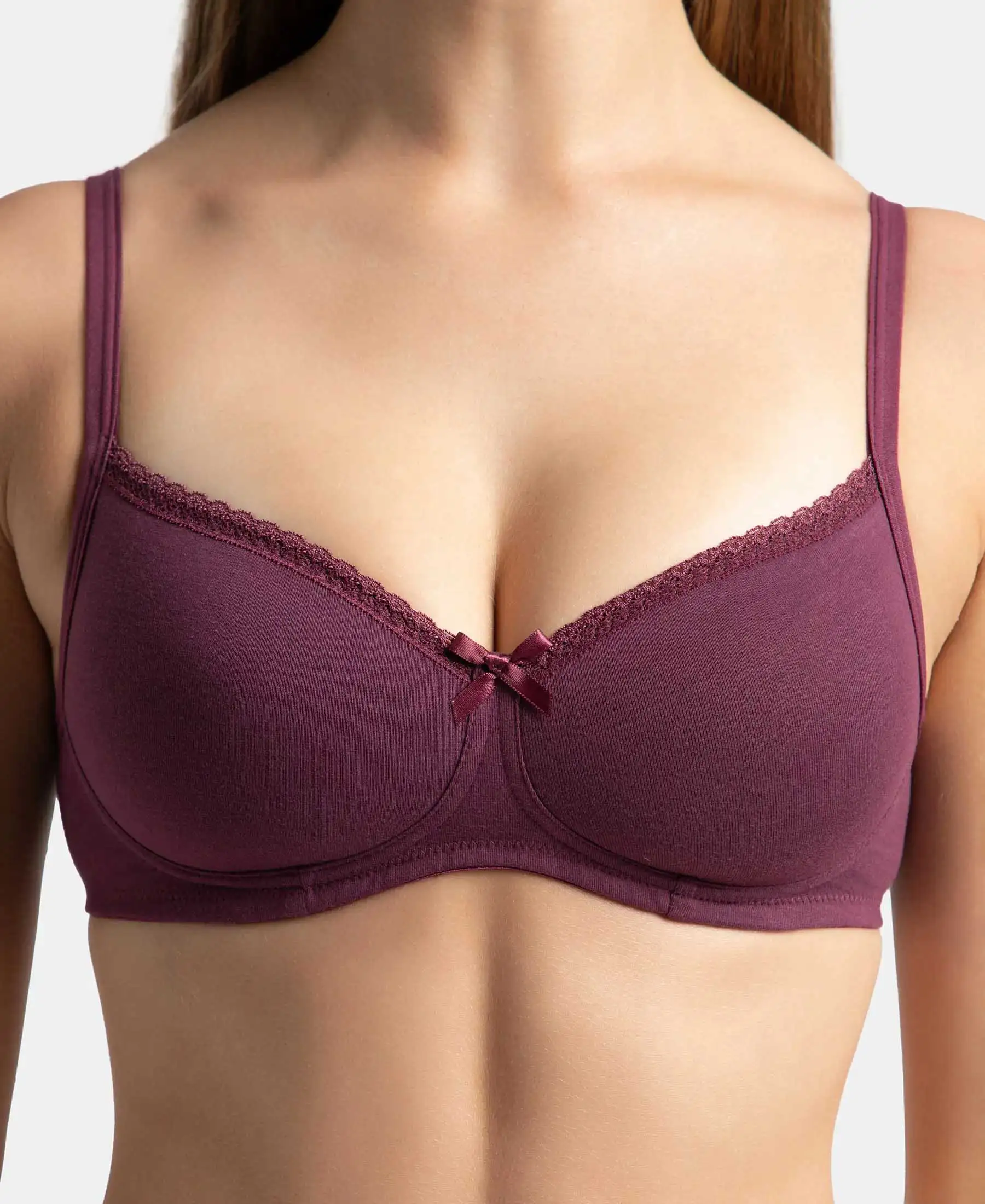 Wirefree Padded Super Combed Cotton Elastane Stretch Medium Coverage T-Shirt Bra with Lace Styling - Prune - Image 8