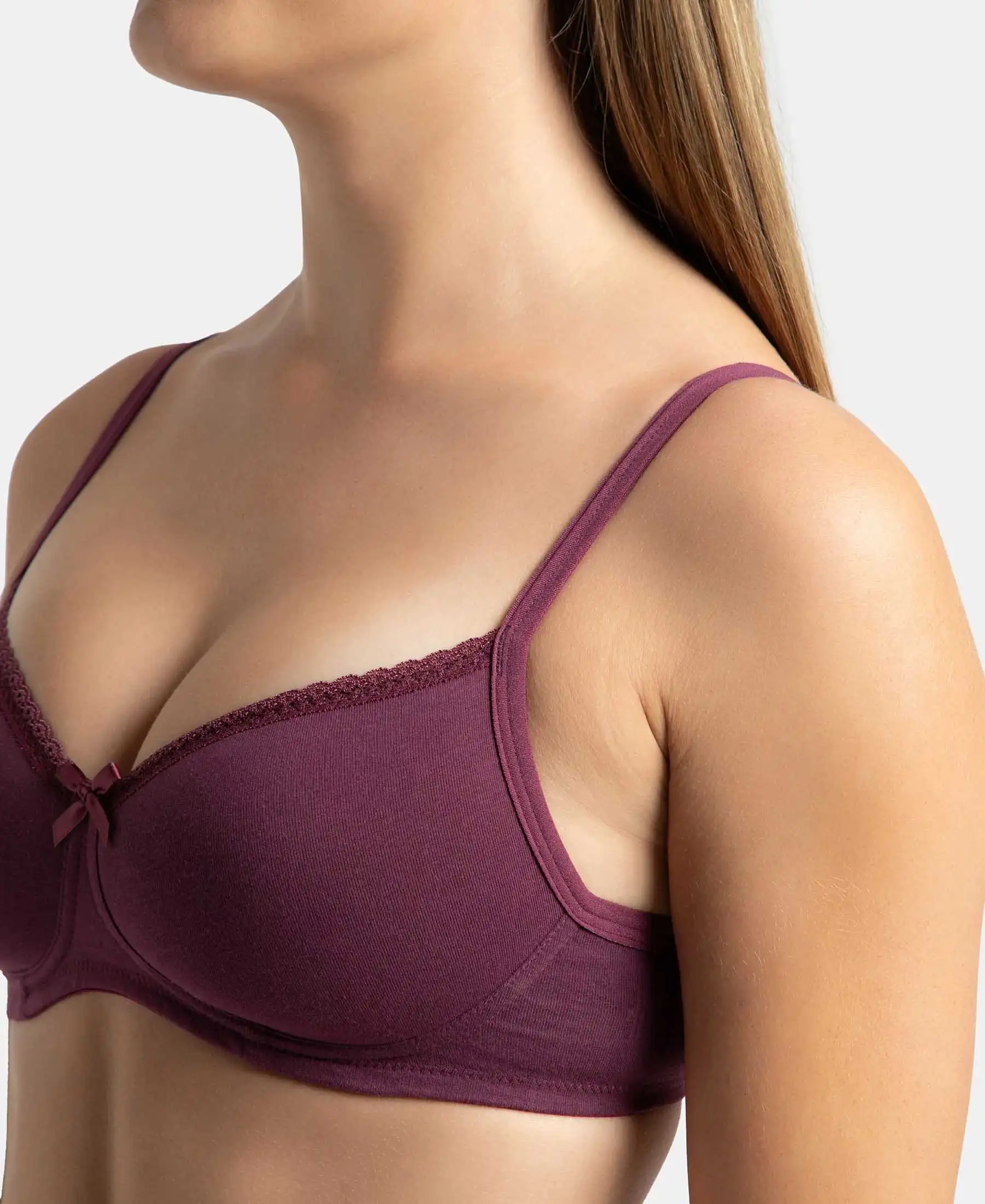 Wirefree Padded Super Combed Cotton Elastane Stretch Medium Coverage T-Shirt Bra with Lace Styling - Prune - Image 9