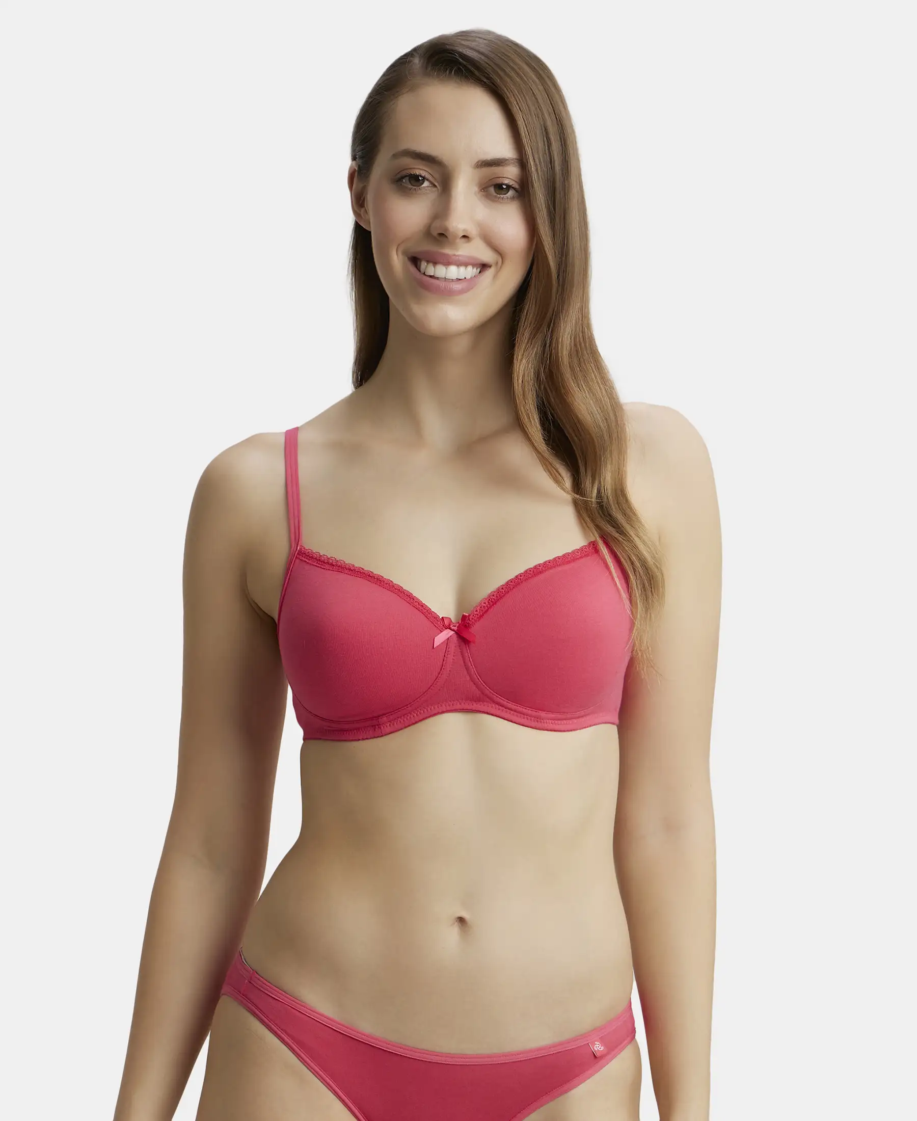 Wirefree Padded Super Combed Cotton Elastane Stretch Medium Coverage T-Shirt Bra with Lace Styling - Ruby