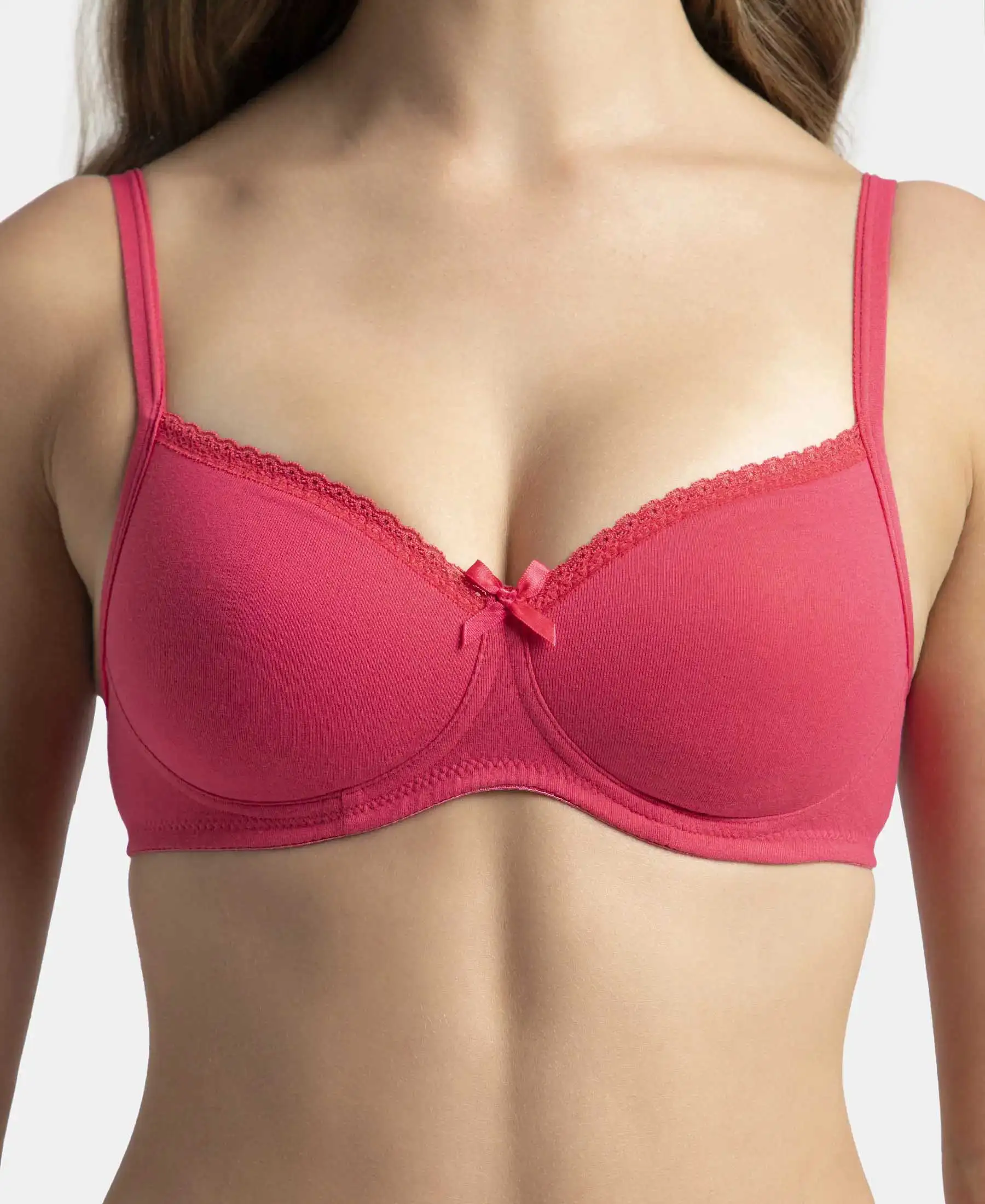 Wirefree Padded Super Combed Cotton Elastane Stretch Medium Coverage T-Shirt Bra with Lace Styling - Ruby - Image 14