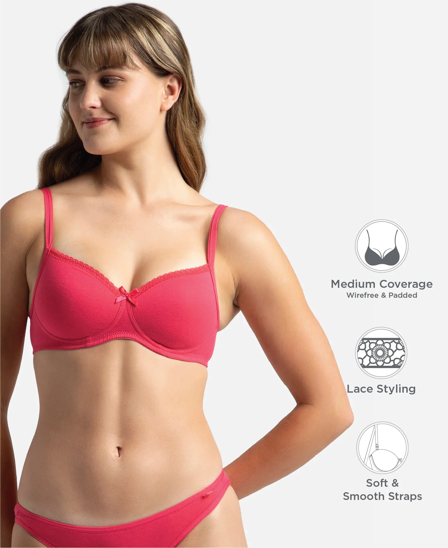 Wirefree Padded Super Combed Cotton Elastane Stretch Medium Coverage T-Shirt Bra with Lace Styling - Ruby - Image 2