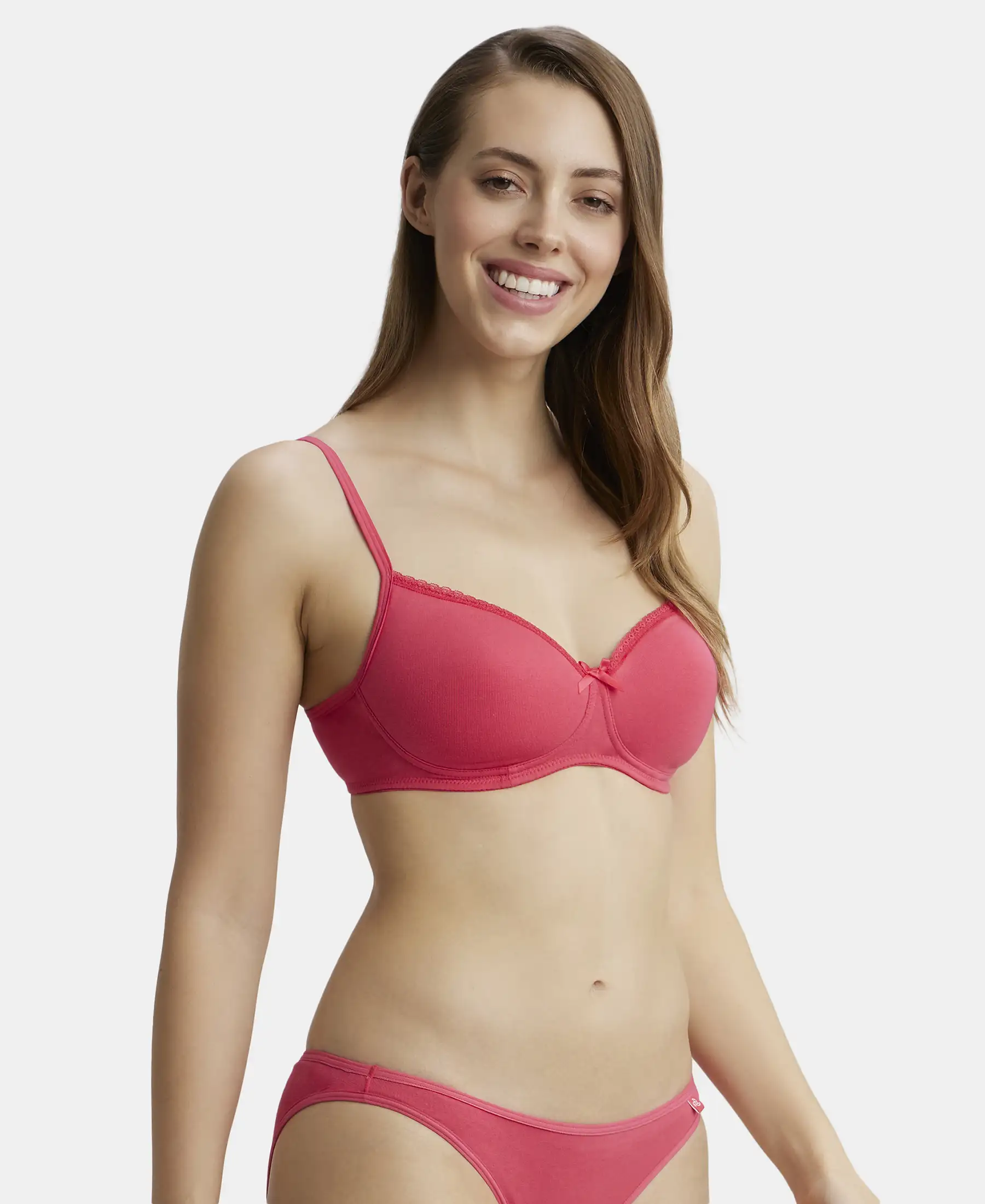 Wirefree Padded Super Combed Cotton Elastane Stretch Medium Coverage T-Shirt Bra with Lace Styling - Ruby - Image 3