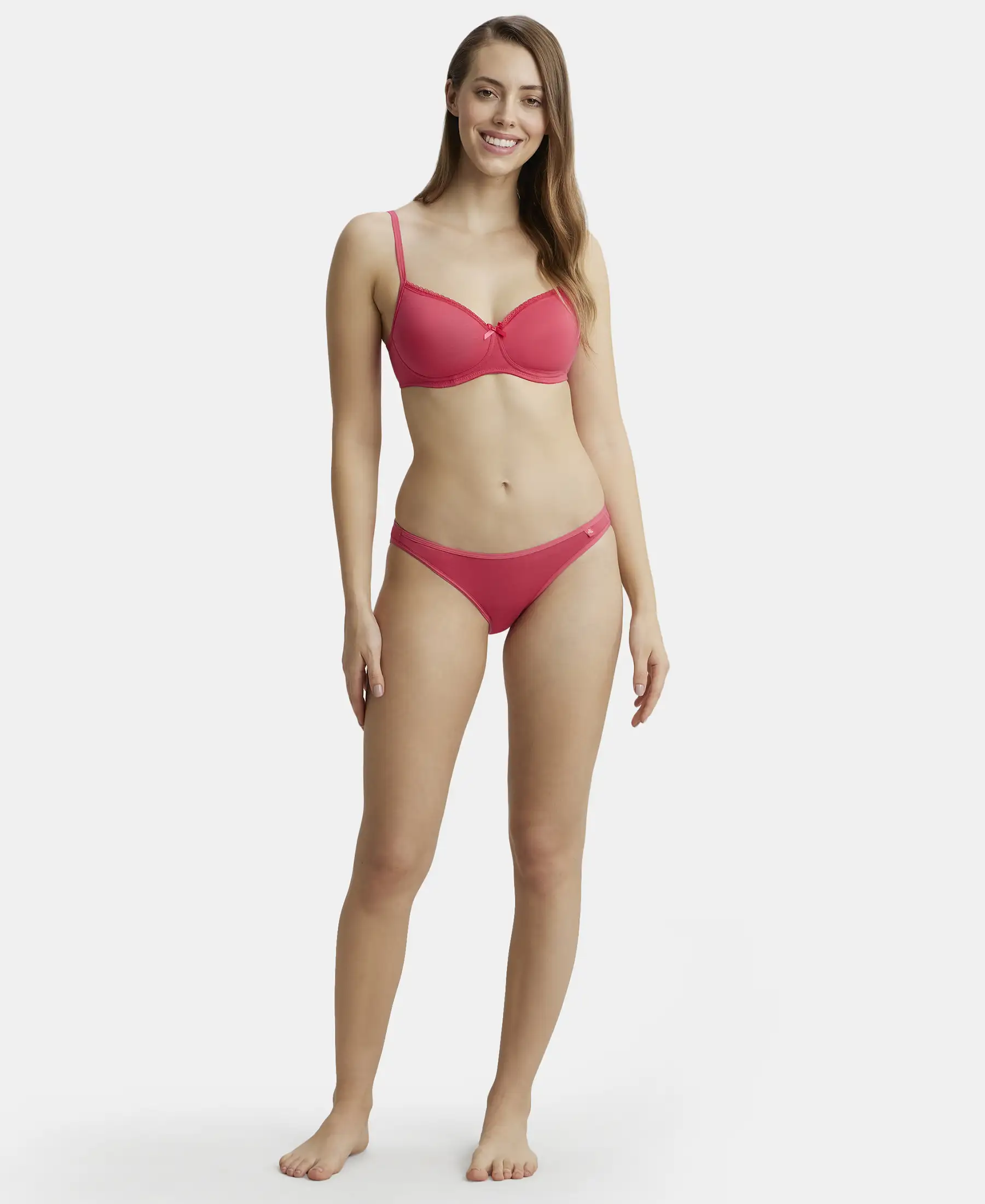 Wirefree Padded Super Combed Cotton Elastane Stretch Medium Coverage T-Shirt Bra with Lace Styling - Ruby - Image 5