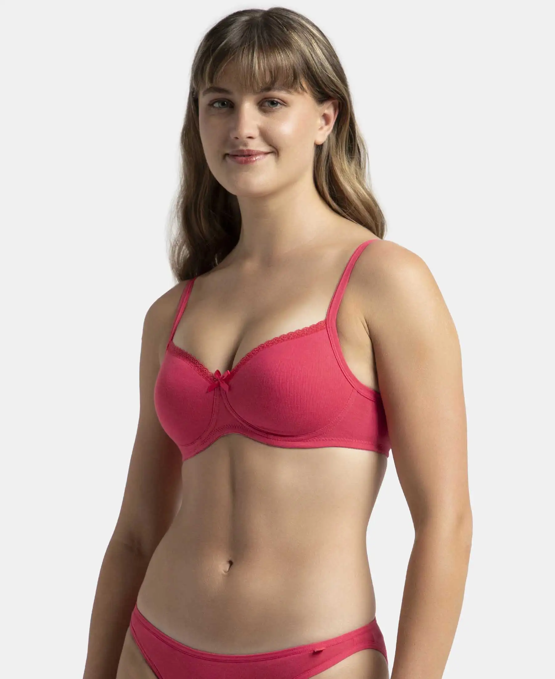 Wirefree Padded Super Combed Cotton Elastane Stretch Medium Coverage T-Shirt Bra with Lace Styling - Ruby - Image 6