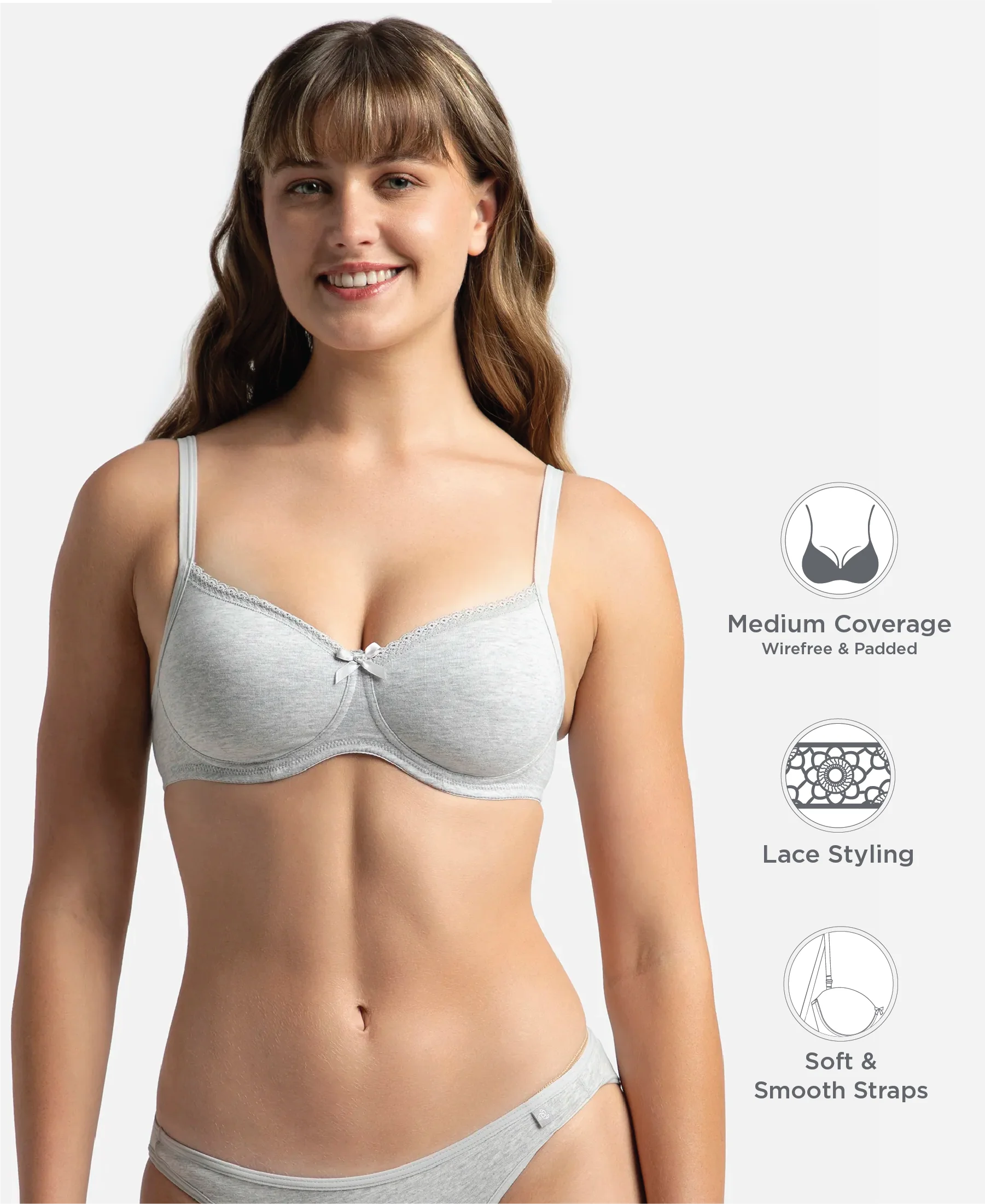 Wirefree Padded Super Combed Cotton Elastane Stretch Medium Coverage T-Shirt Bra with Lace Styling - Steel Grey Melange - Image 2