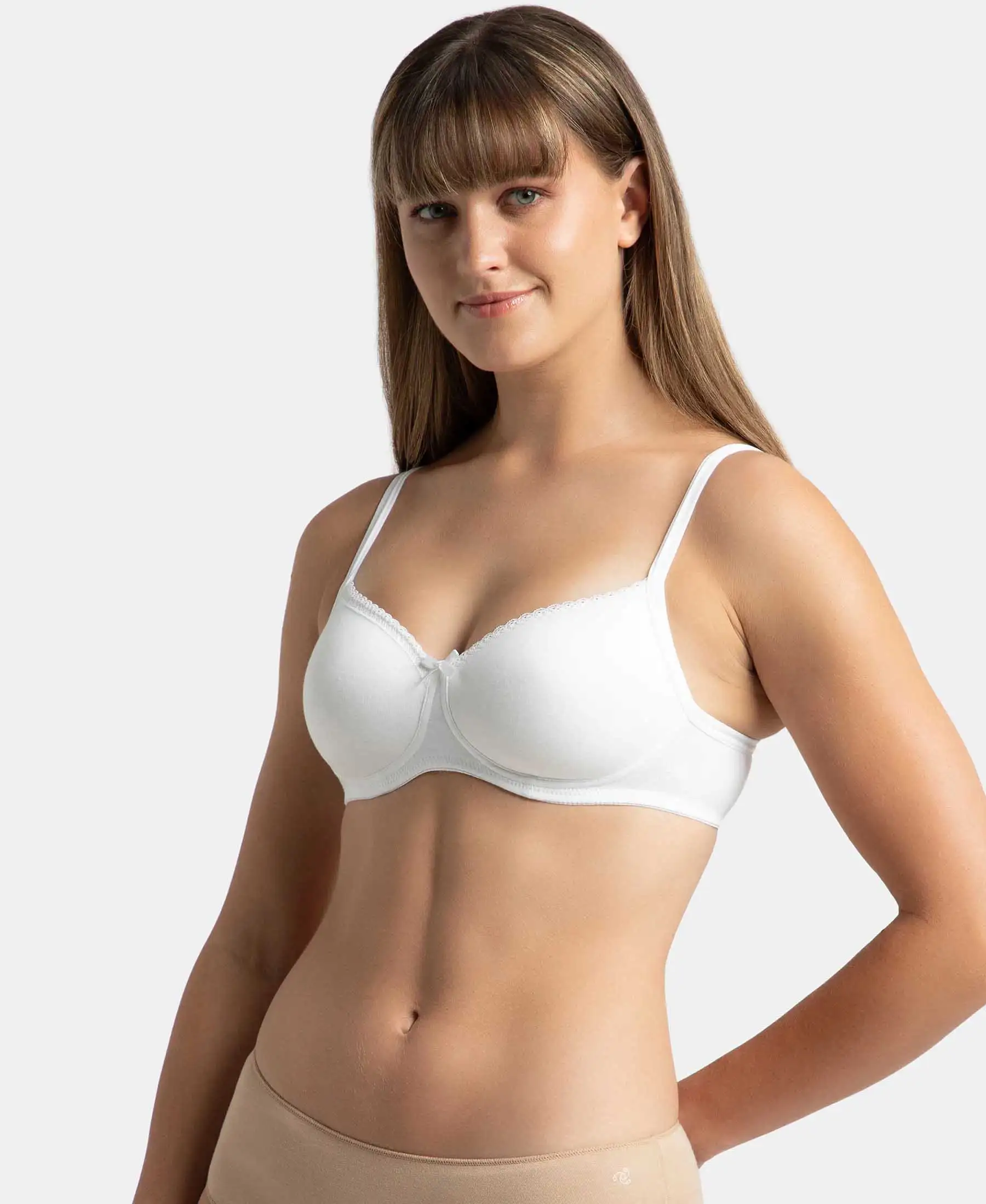 Wirefree Padded Super Combed Cotton Elastane Stretch Medium Coverage T-Shirt Bra with Lace Styling - White - Image 6