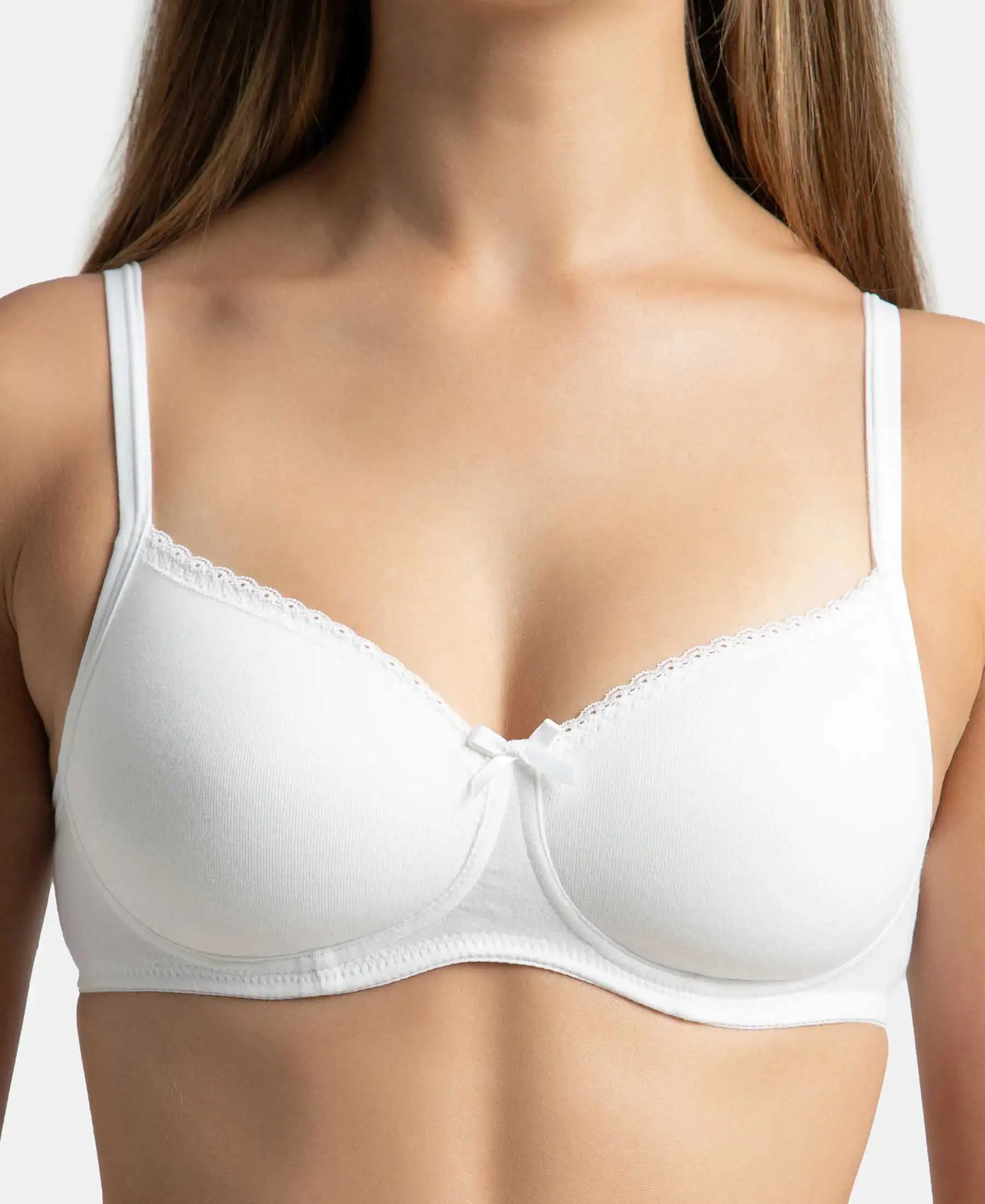 Wirefree Padded Super Combed Cotton Elastane Stretch Medium Coverage T-Shirt Bra with Lace Styling - White - Image 8