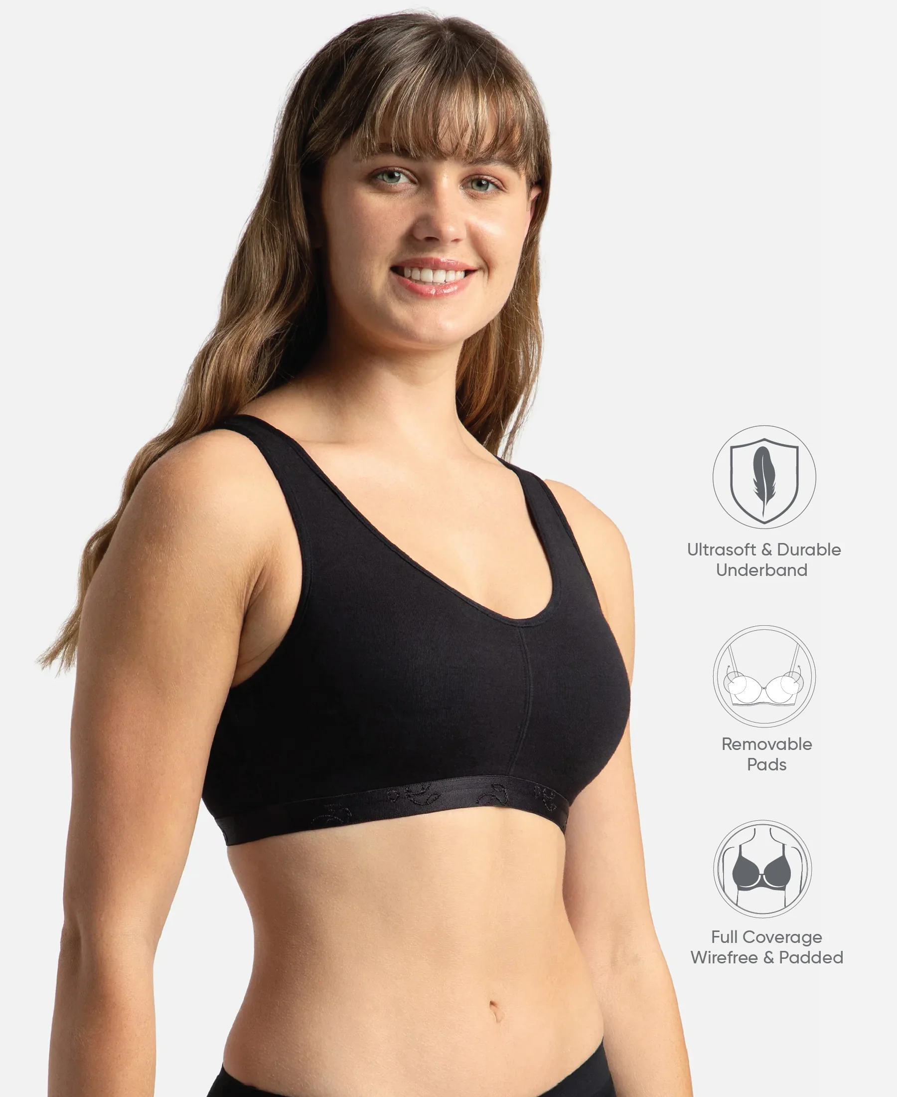 Wirefree Padded Super Combed Cotton Elastane Stretch Full Coverage Lounge and Sleep Bra with Removable Pads - Black - Image 2