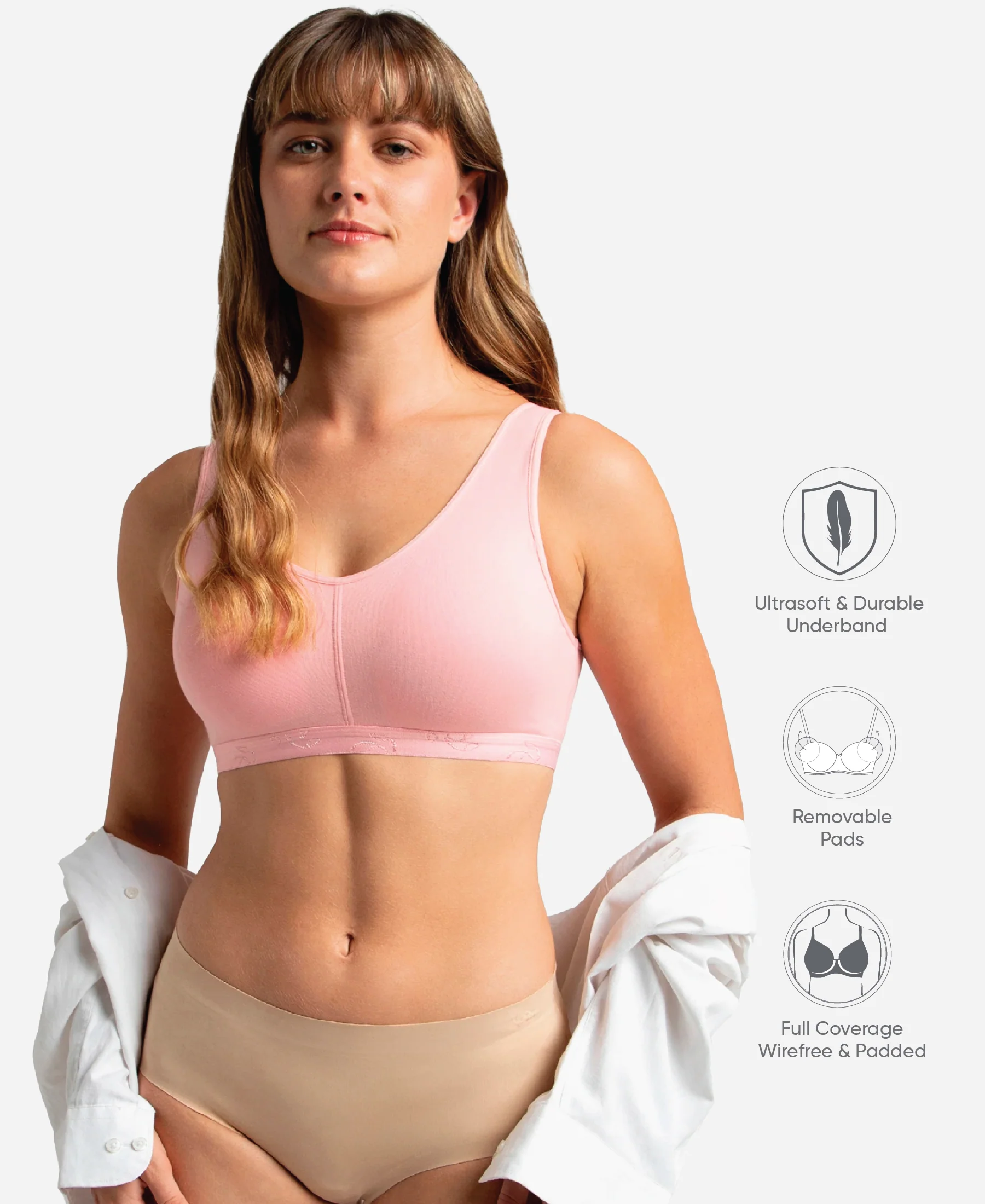 Wirefree Padded Super Combed Cotton Elastane Stretch Full Coverage Lounge and Sleep Bra with Removable Pads - Candy Pink - Image 2