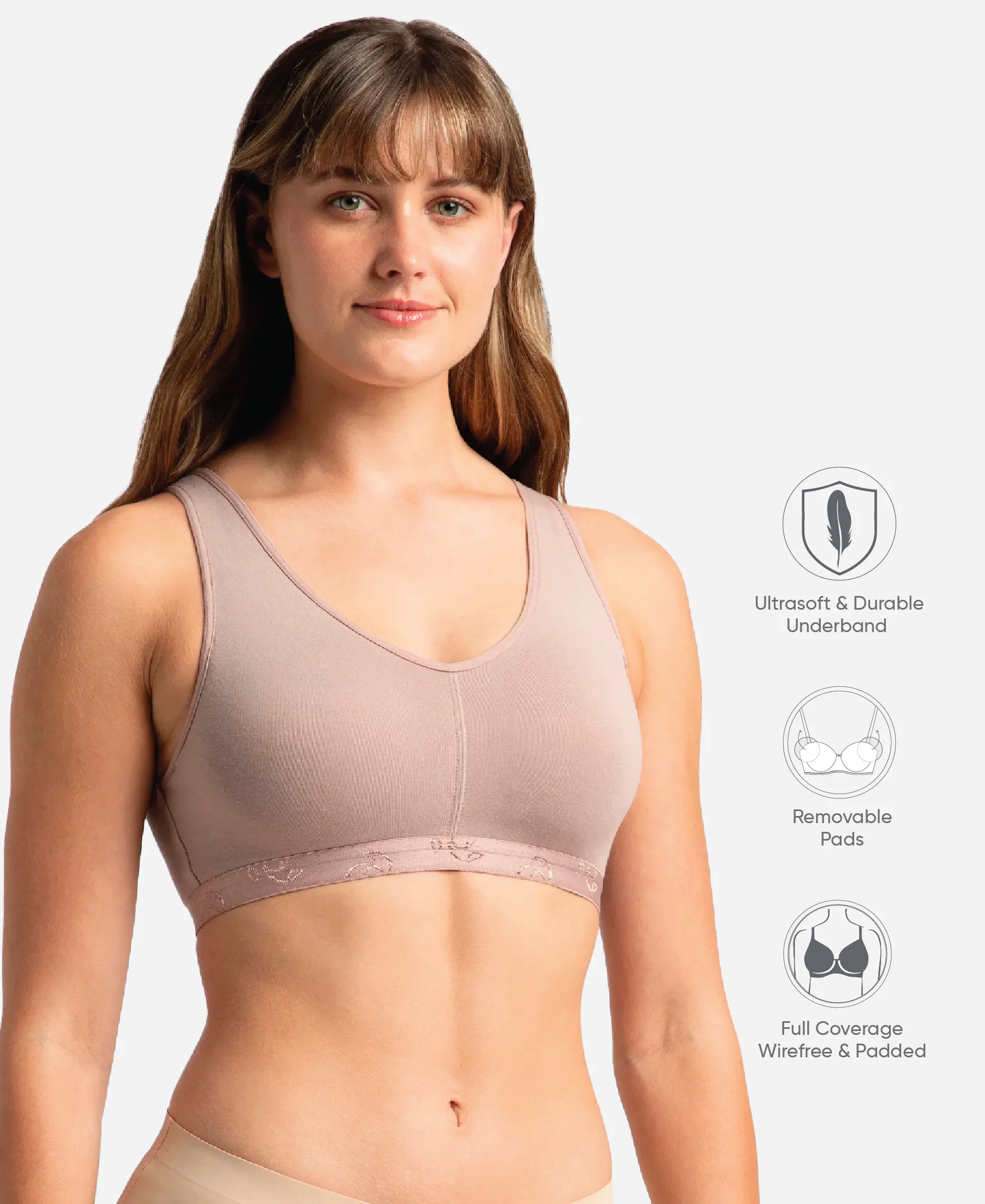 Wirefree Padded Super Combed Cotton Elastane Stretch Full Coverage Lounge and Sleep Bra with Removable Pads - Mocha - Image 2