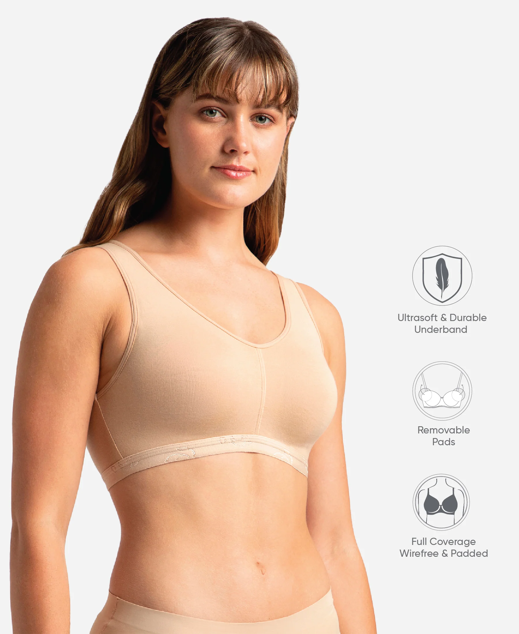 Wirefree Padded Super Combed Cotton Elastane Stretch Full Coverage Lounge and Sleep Bra with Removable Pads - Skin - Image 2
