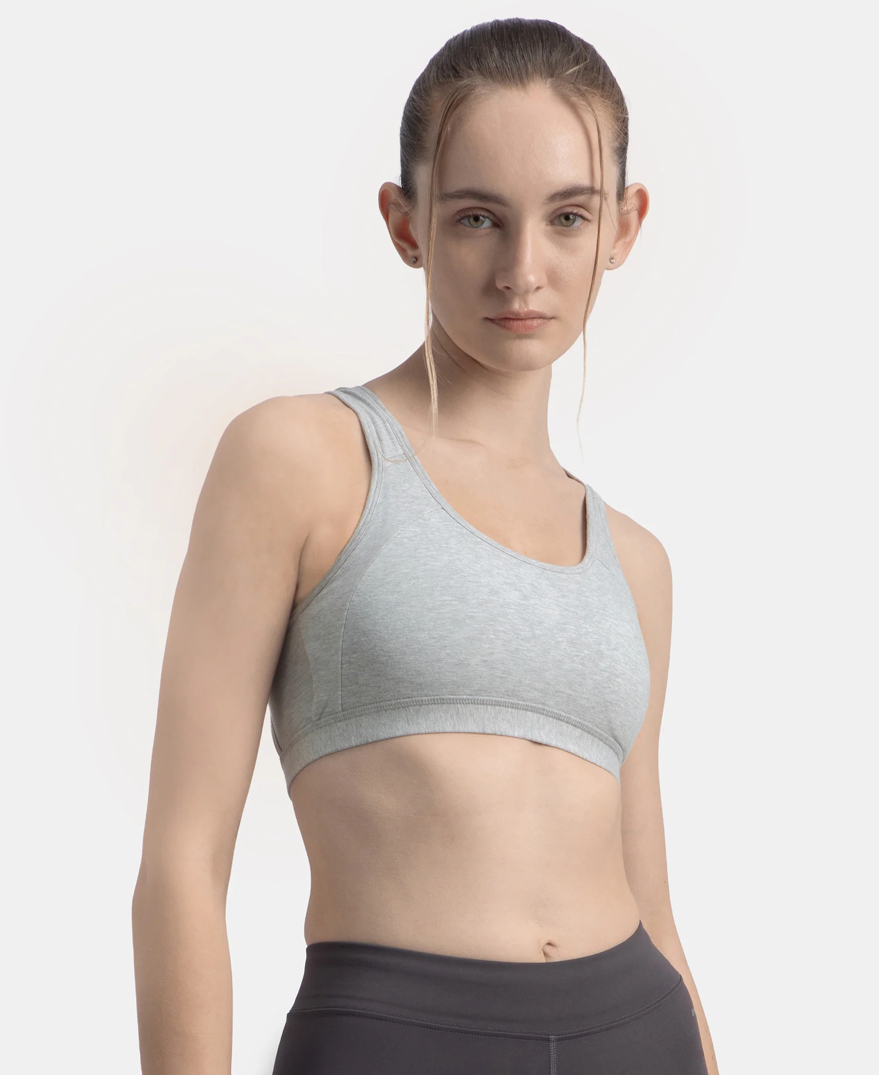 Wirefree Padded Super Combed Cotton Elastane Stretch Full Coverage Racerback Styling Active Bra with StayFresh and Moisture Move Treatment - Steel Grey Melange - Image 2
