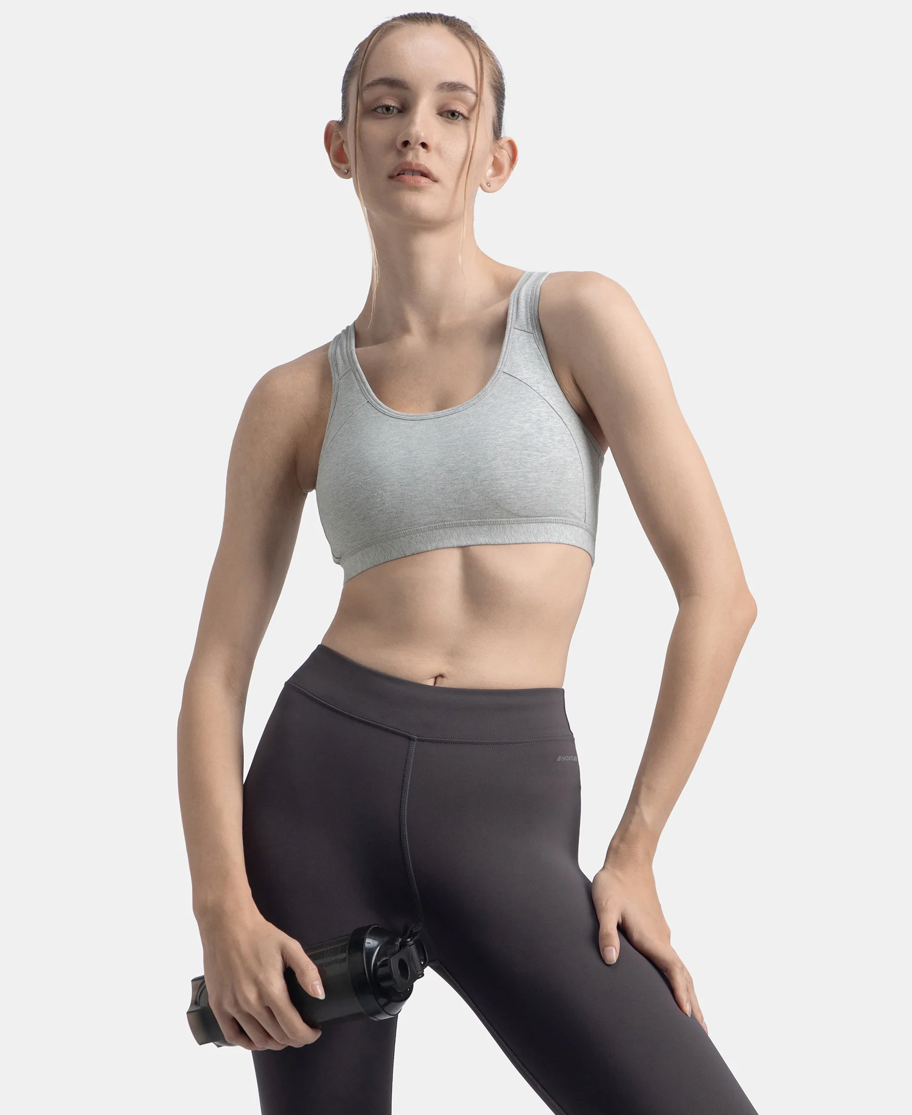 Wirefree Padded Super Combed Cotton Elastane Stretch Full Coverage Racerback Styling Active Bra with StayFresh and Moisture Move Treatment - Steel Grey Melange - Image 5