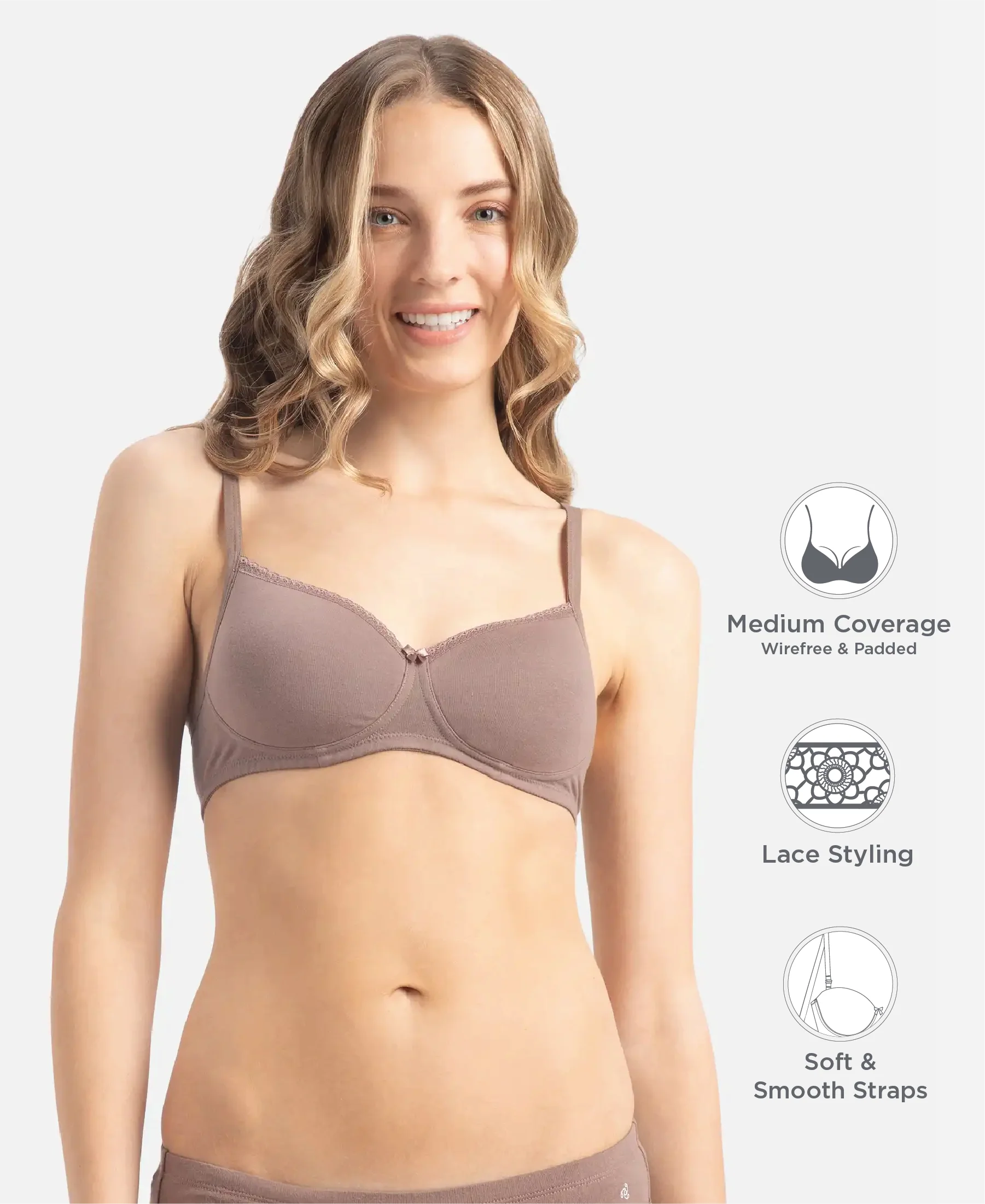 Wirefree Padded Super Combed Cotton Elastane Stretch Medium Coverage T-Shirt Bra with Lace Styling - Deep Taupe - Image 2