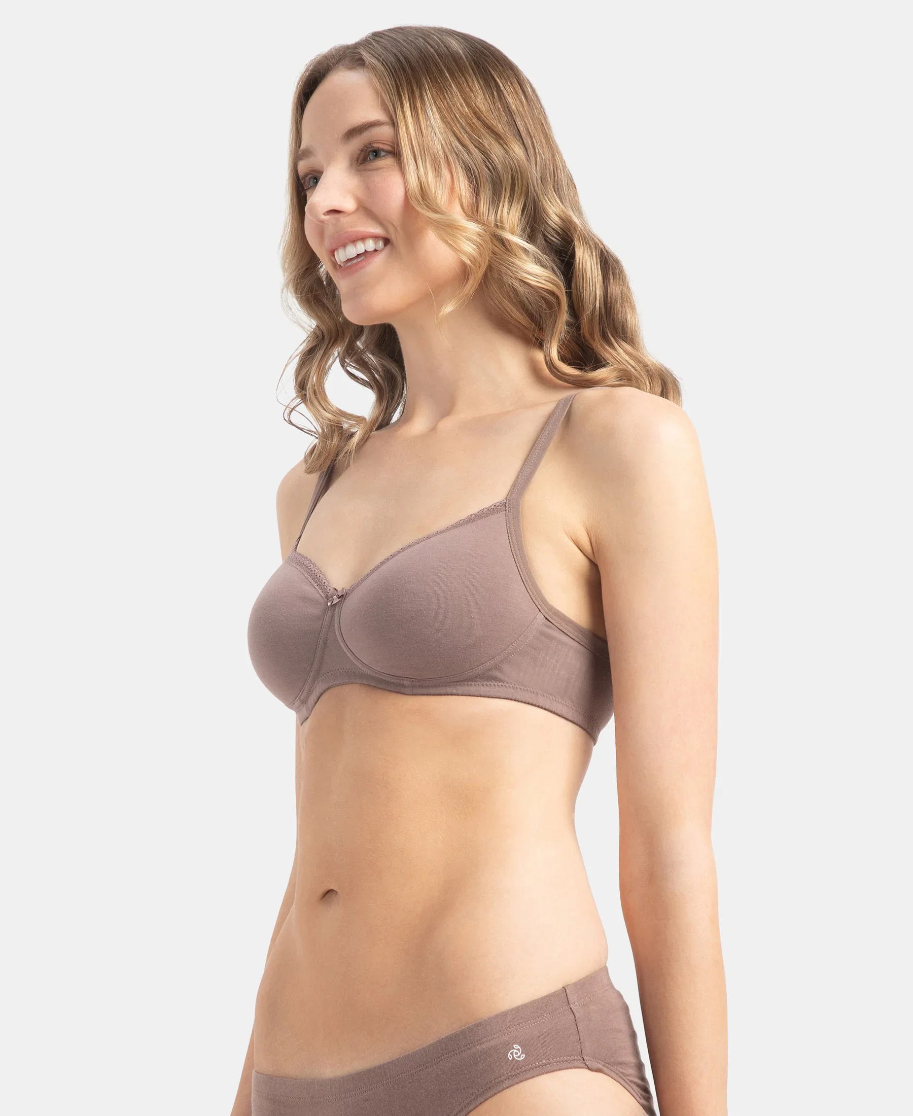 Wirefree Padded Super Combed Cotton Elastane Stretch Medium Coverage T-Shirt Bra with Lace Styling - Deep Taupe - Image 6
