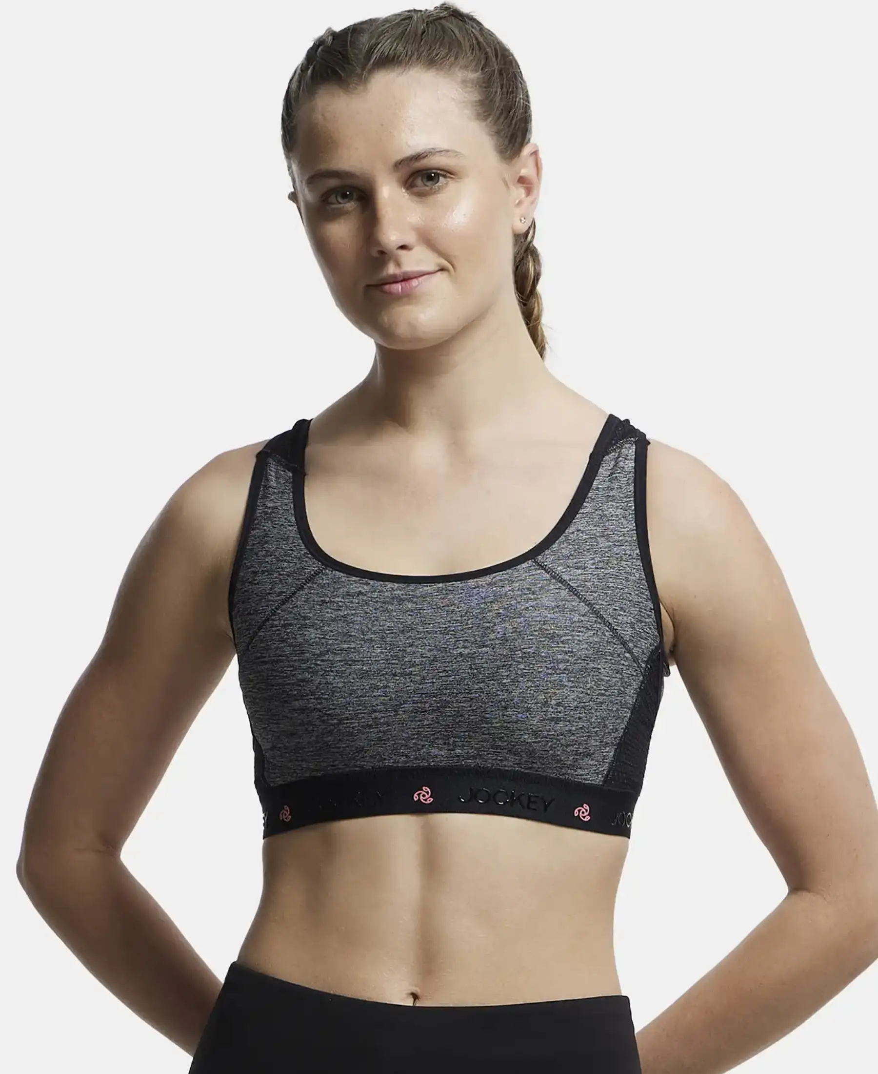 Wirefree Padded Tactel Nylon Elastane Stretch Full Coverage Racerback Styling Sports Bra with StayFresh and StayDry Treatment - Black Melange