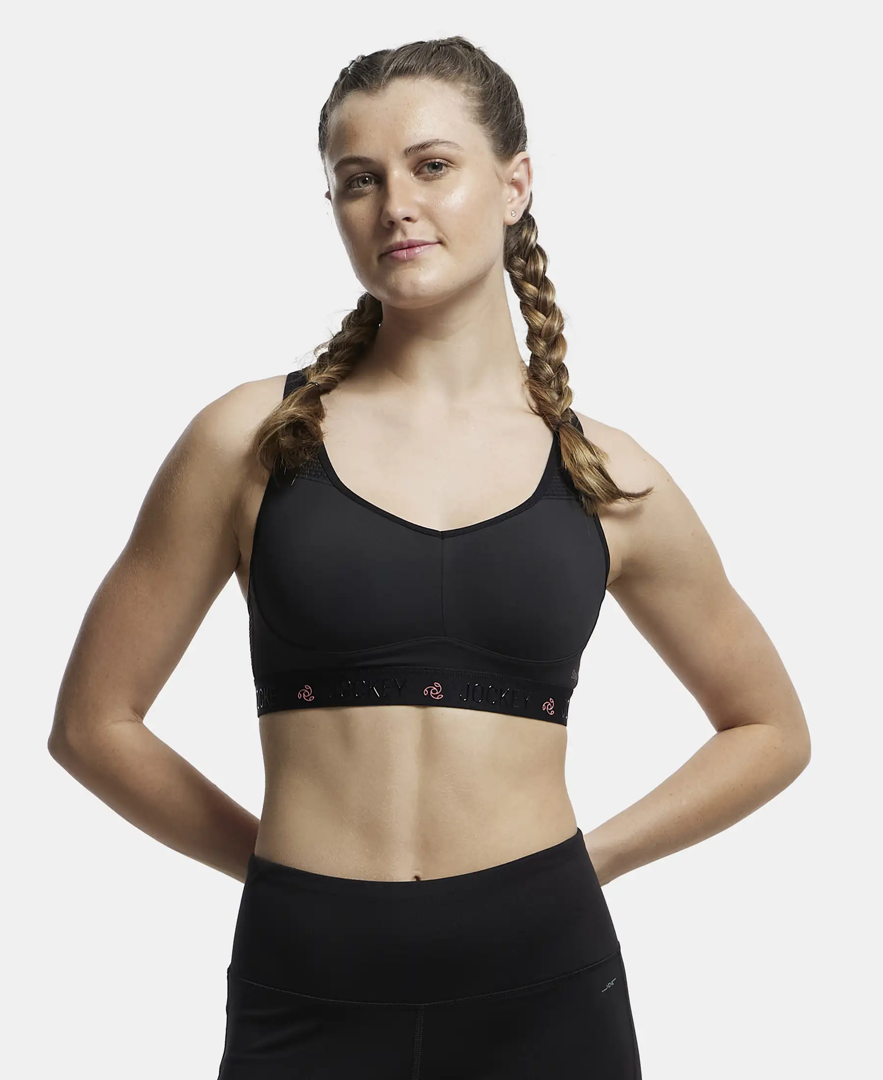Wirefree Padded Tactel Nylon Elastane Stretch Full Coverage Sports Bra with Optional Cross Back Styling - Black