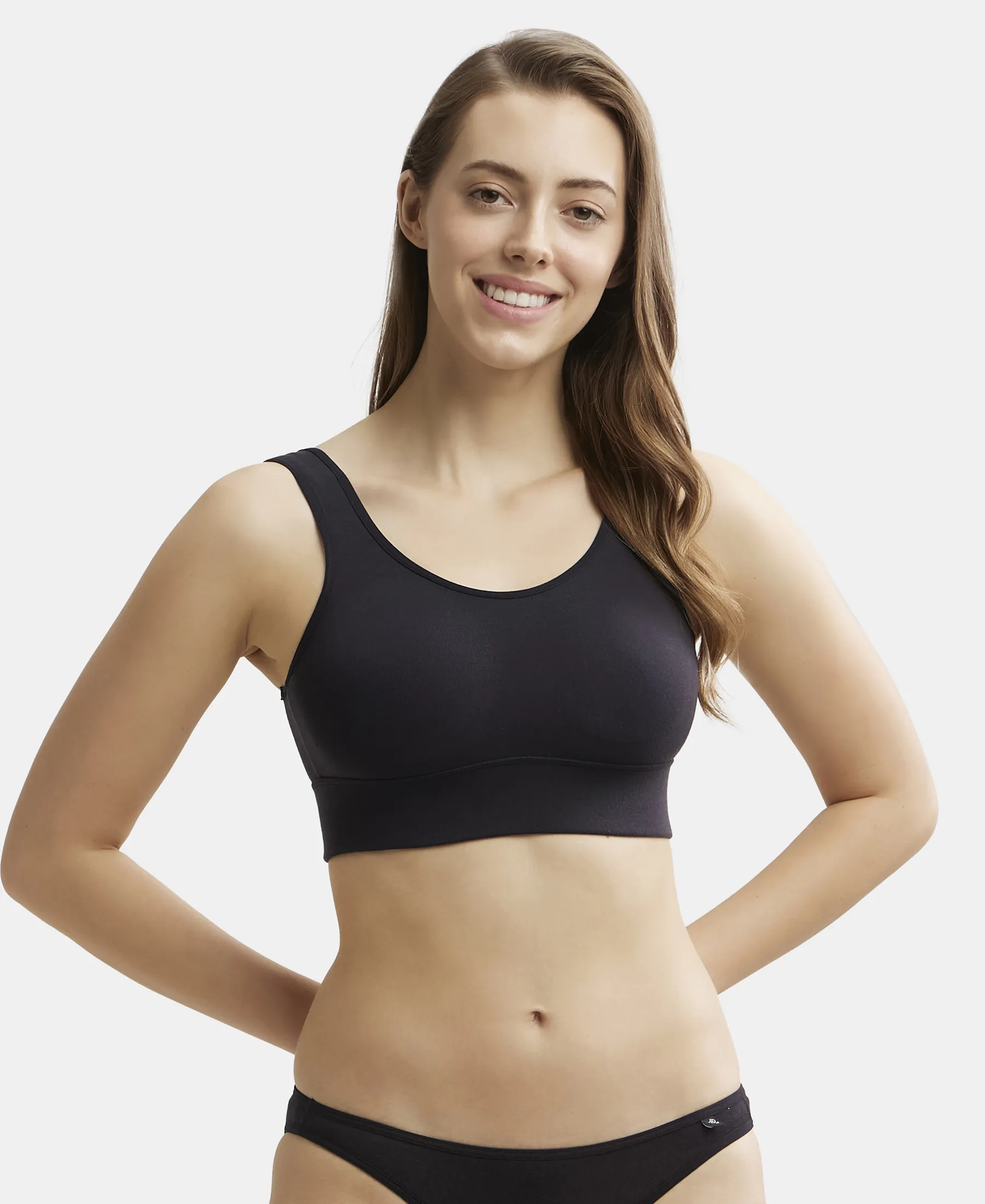 Wirefree Padded Tencel Lyocell Elastane Stretch Full Coverage Lounge Bra with Stay Fresh Properties and Removable Pads - Black