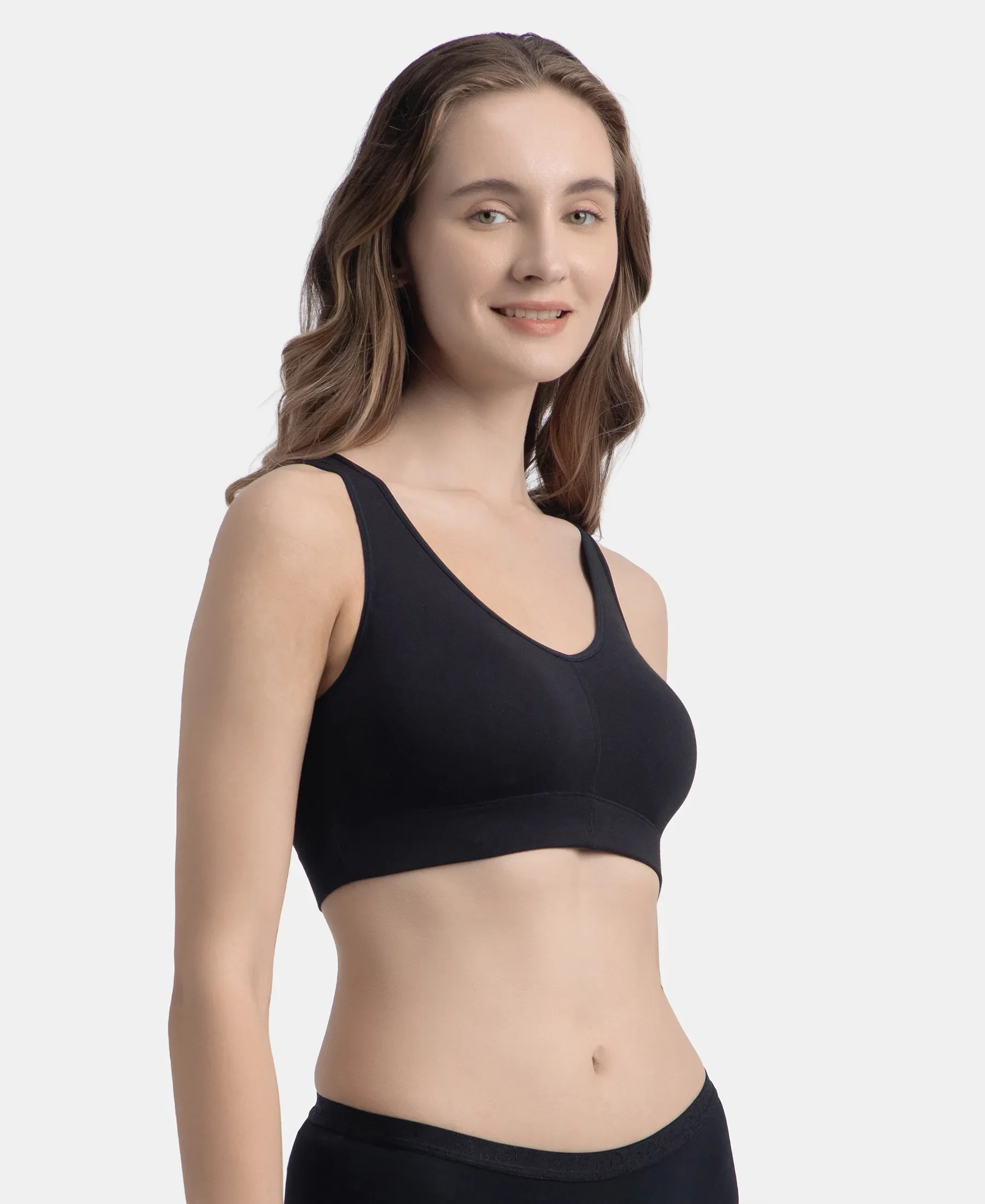 Wirefree Padded Tencel Micro Modal Elastane Stretch Full Coverage Lounge Bra with Concealed Underband - Black - Image 2
