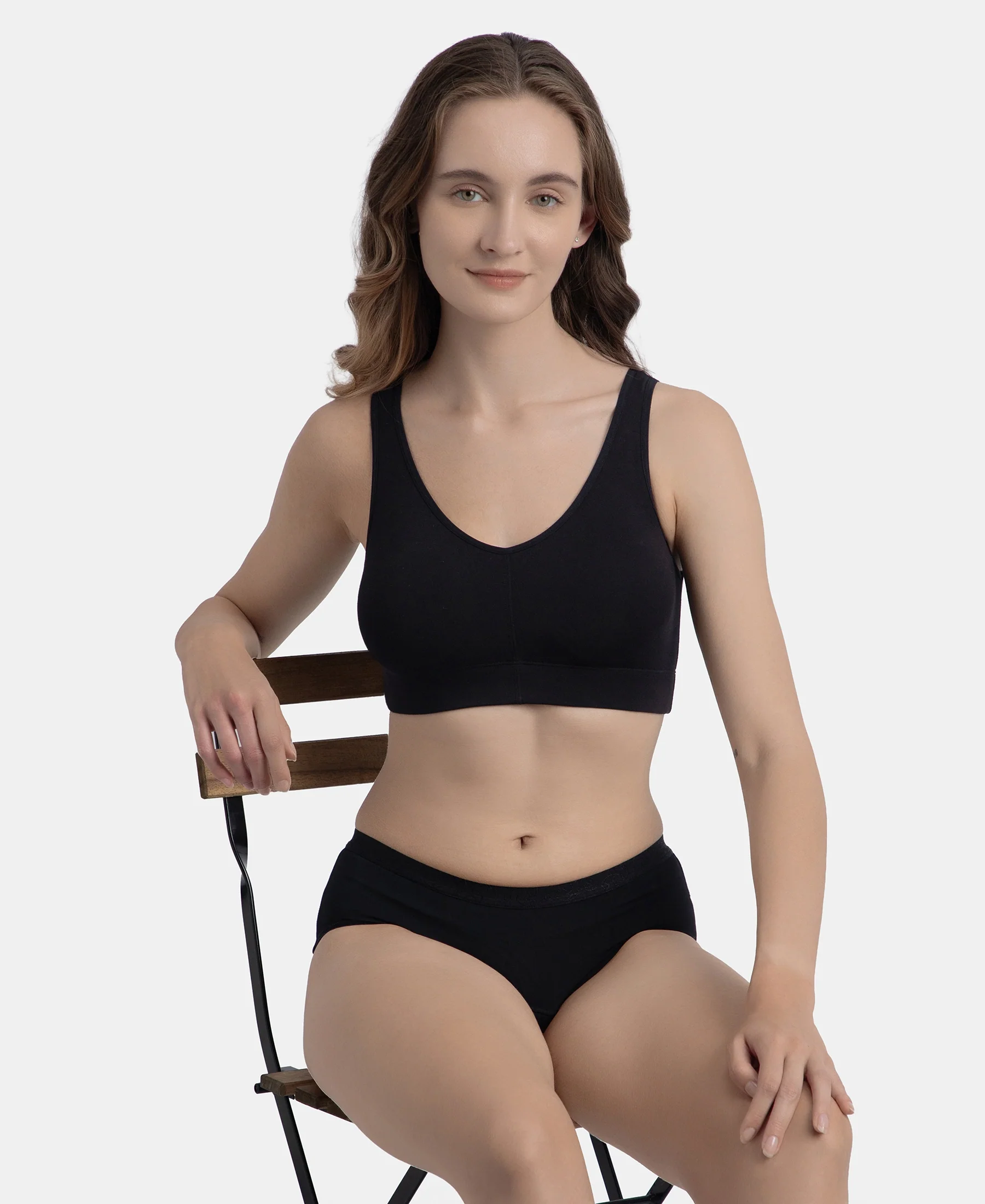 Wirefree Padded Tencel Micro Modal Elastane Stretch Full Coverage Lounge Bra with Concealed Underband - Black - Image 5