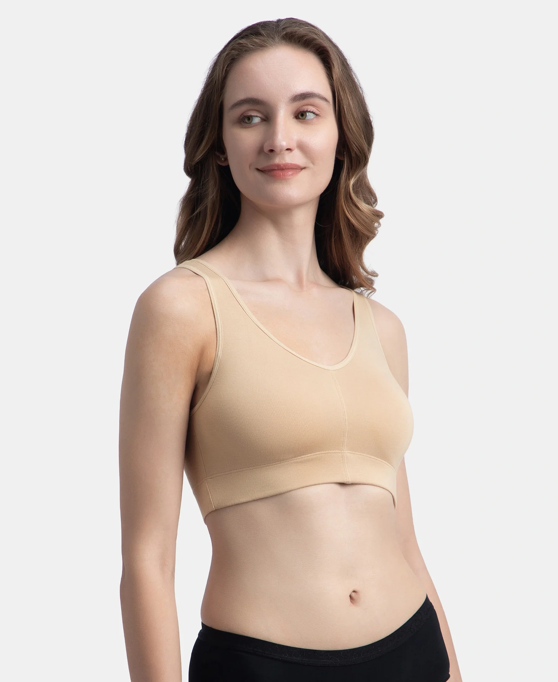 Wirefree Padded Tencel Micro Modal Elastane Stretch Full Coverage Lounge Bra with Concealed Underband - Skin - Image 2