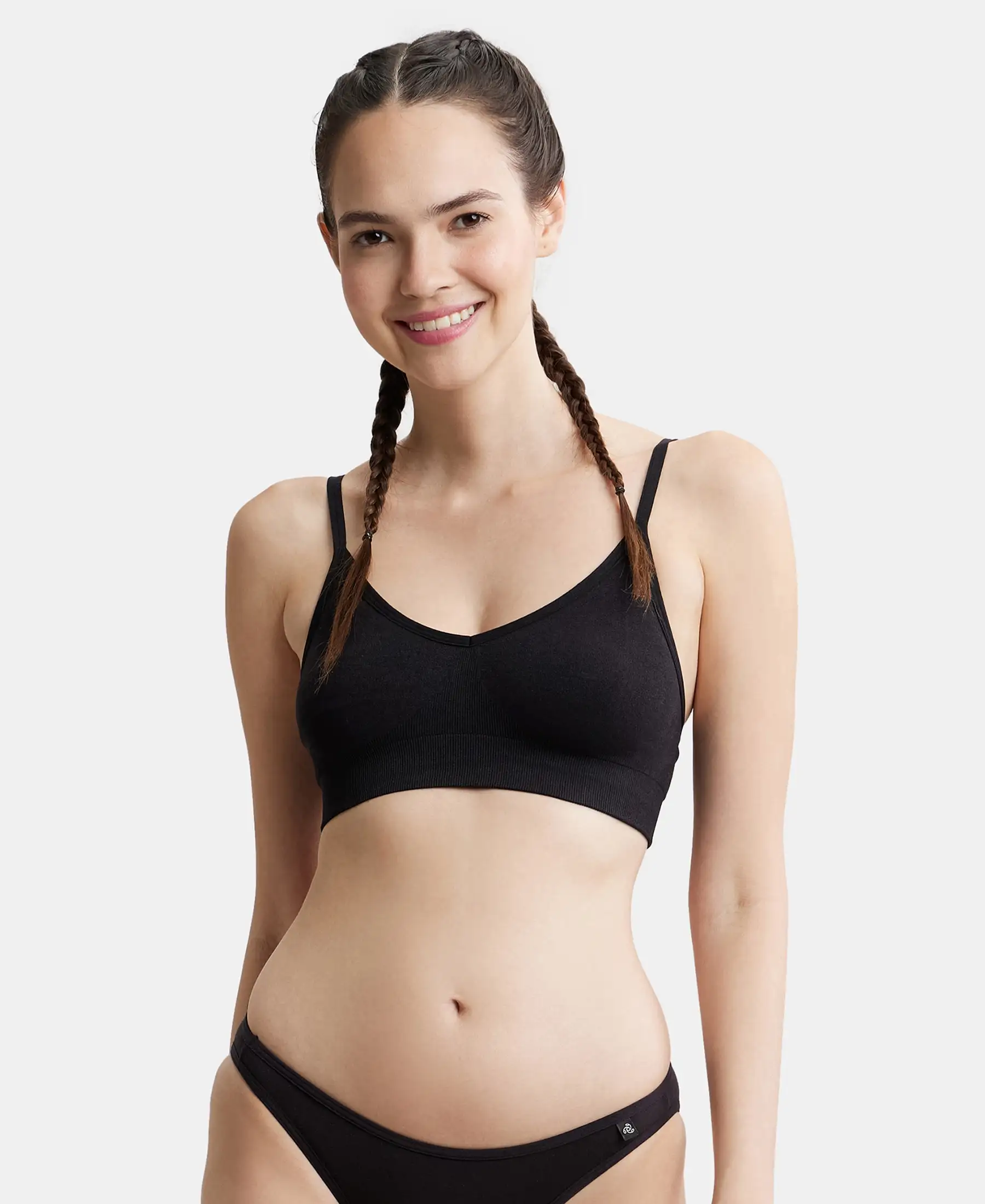 Wirefree Seamfree Non Padded Micro Touch Nylon Elastane Stretch Full Coverage Beginners Bra with Optional Cross Back Styling - Black