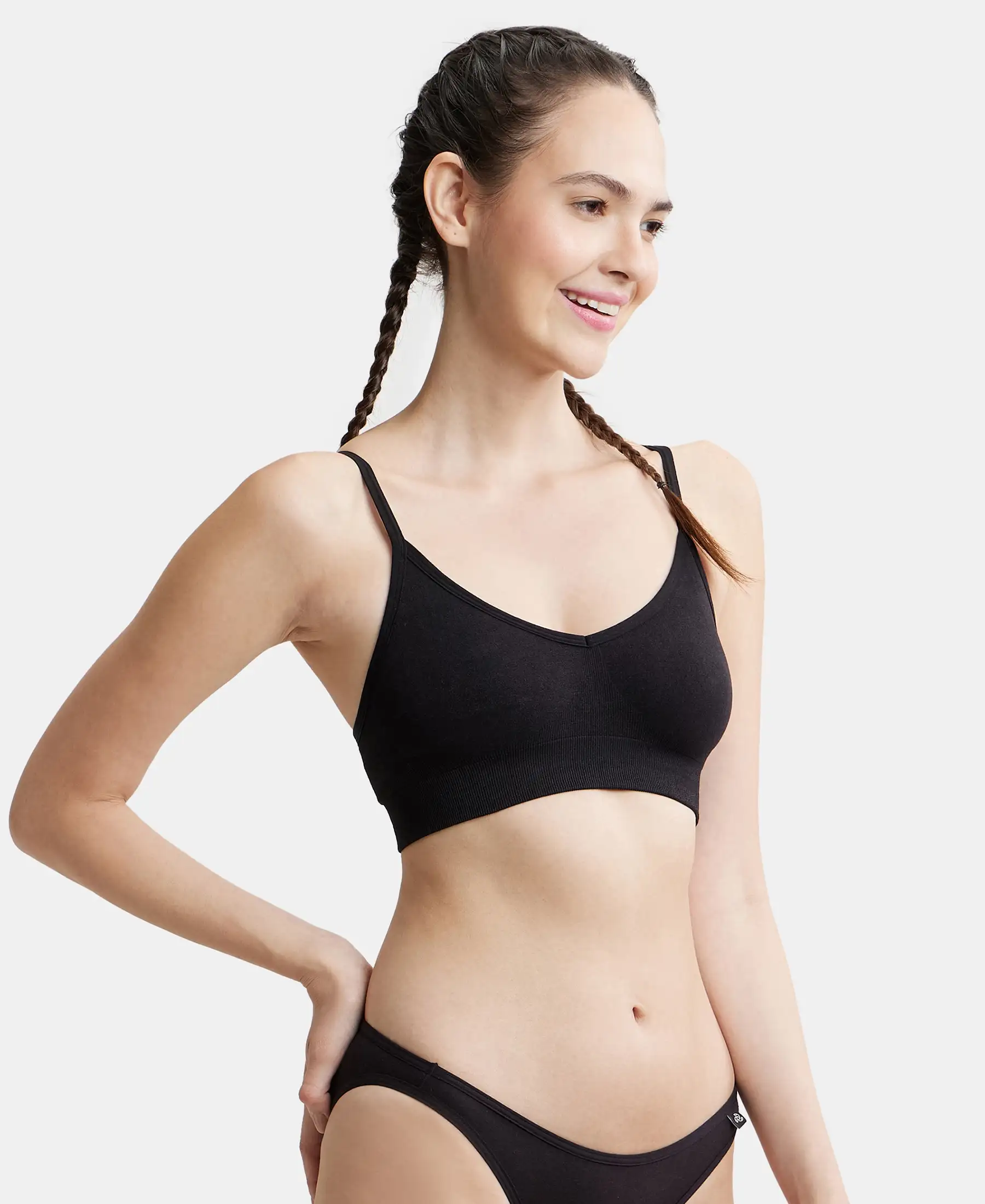 Wirefree Seamfree Non Padded Micro Touch Nylon Elastane Stretch Full Coverage Beginners Bra with Optional Cross Back Styling - Black - Image 2
