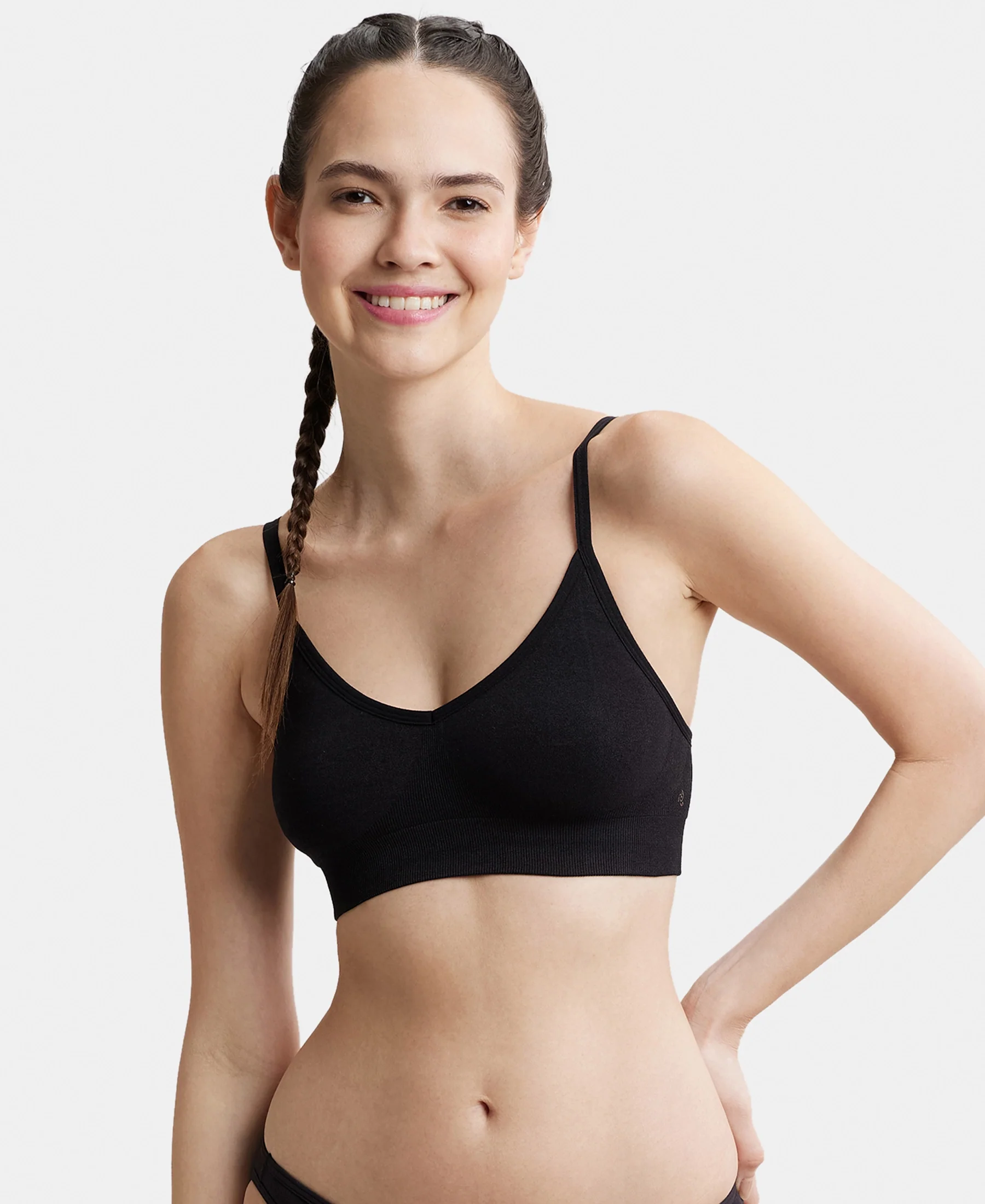 Wirefree Seamfree Non Padded Micro Touch Nylon Elastane Stretch Full Coverage Beginners Bra with Optional Cross Back Styling - Black - Image 5