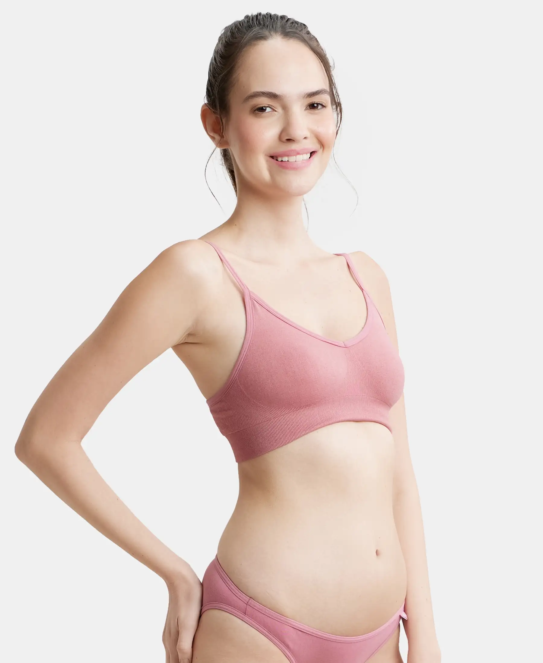 Wirefree Seamfree Non Padded Micro Touch Nylon Elastane Stretch Full Coverage Beginners Bra with Optional Cross Back Styling - Heather Rose - Image 2