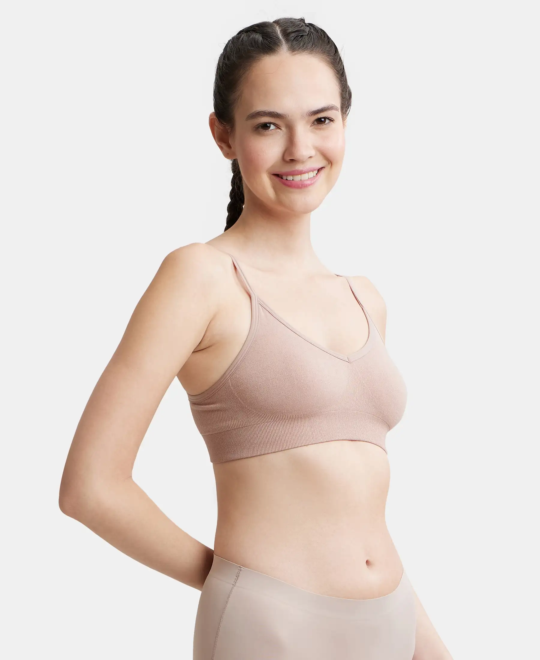 Wirefree Seamfree Non Padded Micro Touch Nylon Elastane Stretch Full Coverage Beginners Bra with Optional Cross Back Styling - Mocha - Image 2