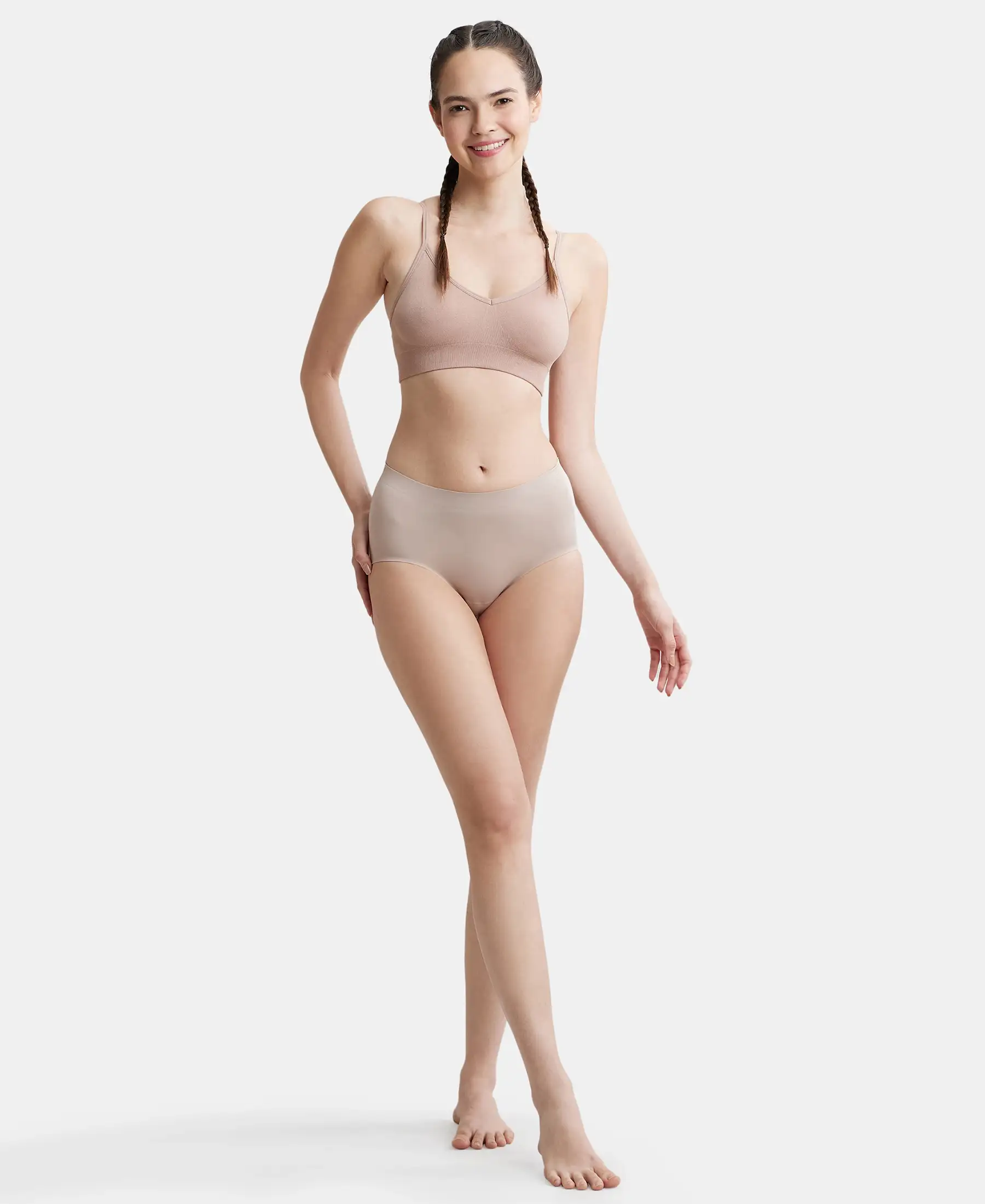 Wirefree Seamfree Non Padded Micro Touch Nylon Elastane Stretch Full Coverage Beginners Bra with Optional Cross Back Styling - Mocha - Image 4