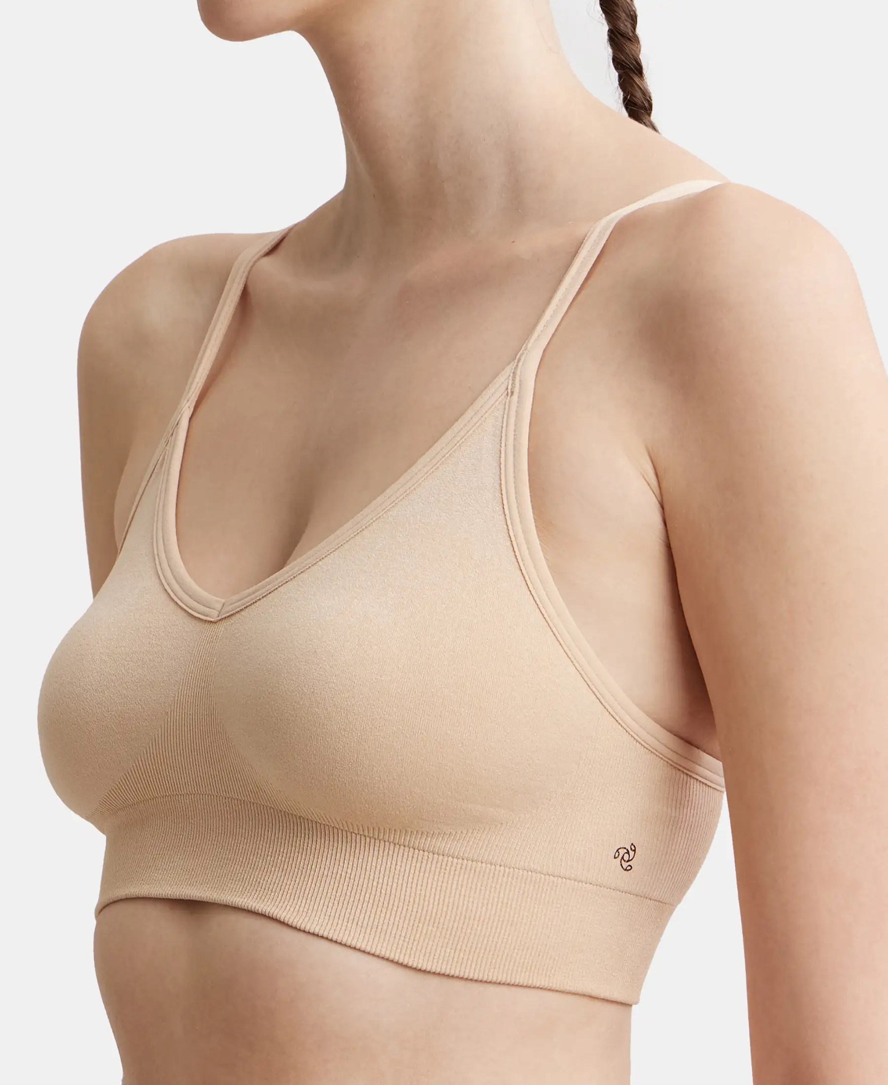 Wirefree Seamfree Non Padded Micro Touch Nylon Elastane Stretch Full Coverage Beginners Bra with Optional Cross Back Styling - Skin - Image 6